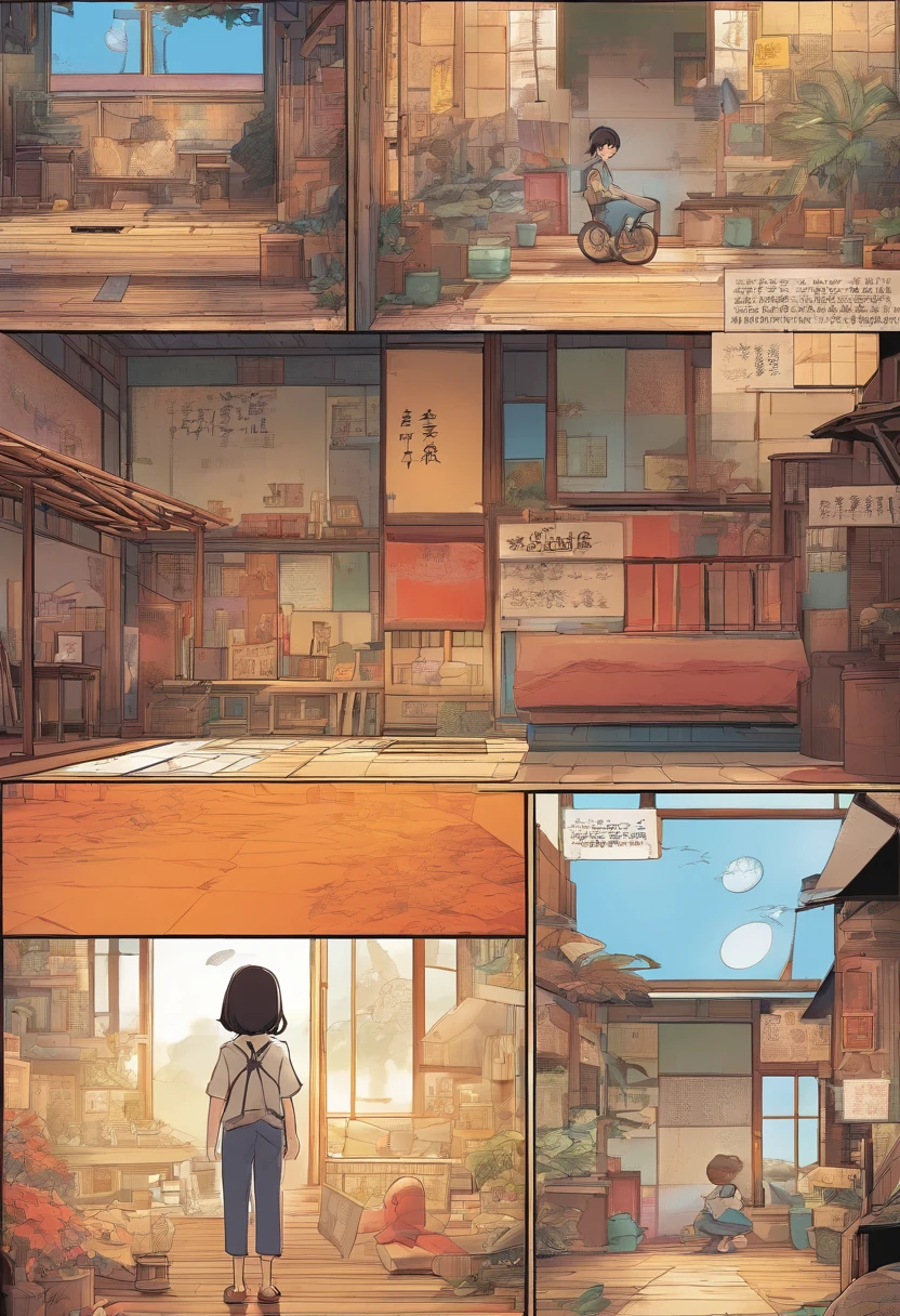 Japanese style manga, The comic story is presented in multiple irregular colored panels. The boy sat up from the ground,Looking at a little girl with long black hair standing in the empty room,A puzzled expression appeared.The style is exaggerated and meticulous