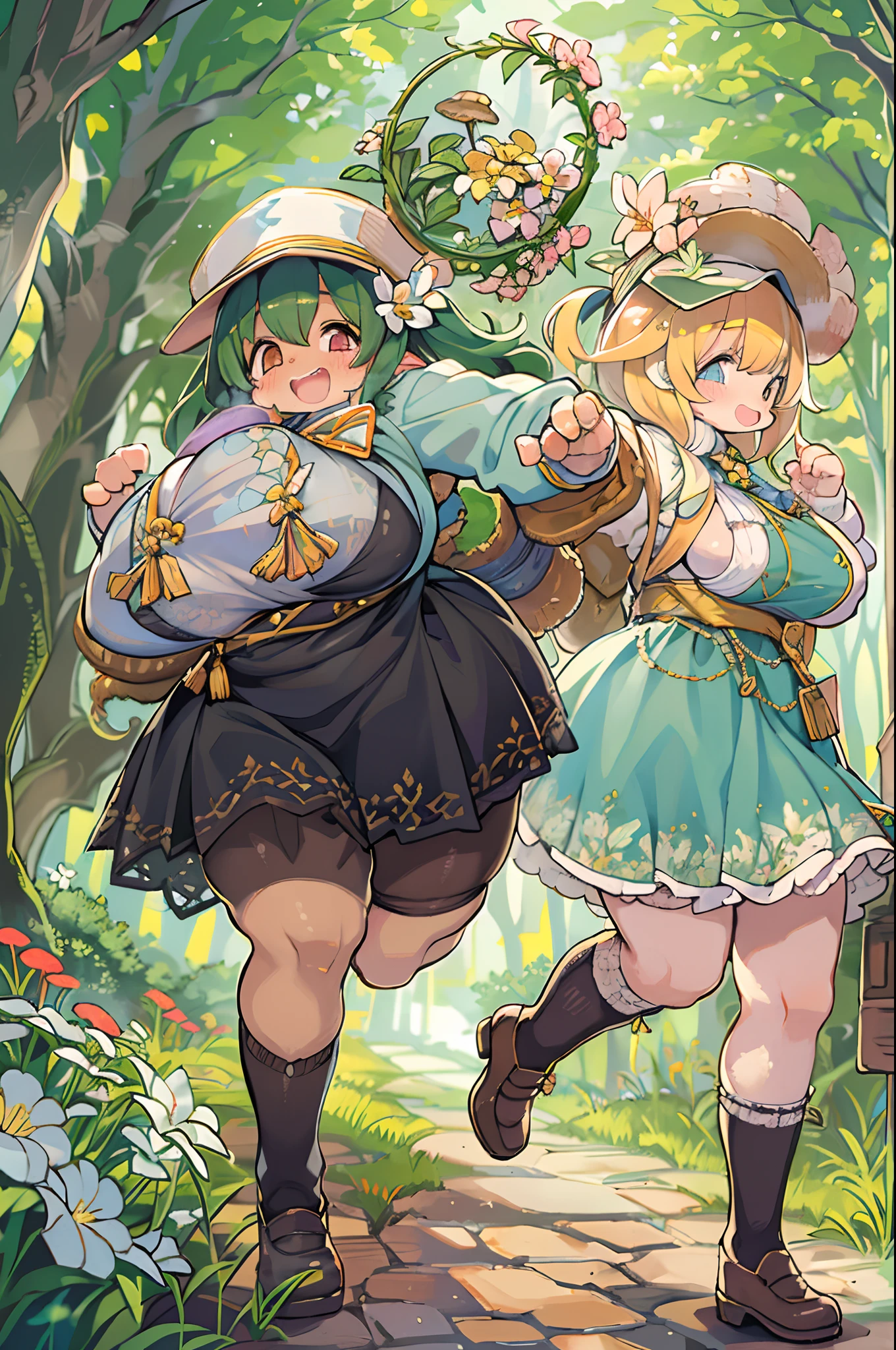 eyesight, (Three Lolitas: 2) Stable diffusion is the best image quality, morning sunlight, Spring landscape, Dew and flowers, flying hair, Live in a fairytale dreamland with mushrooms, trip, Running, and laughing. forest pathway,huge-breasted、bbw,Large Thigh