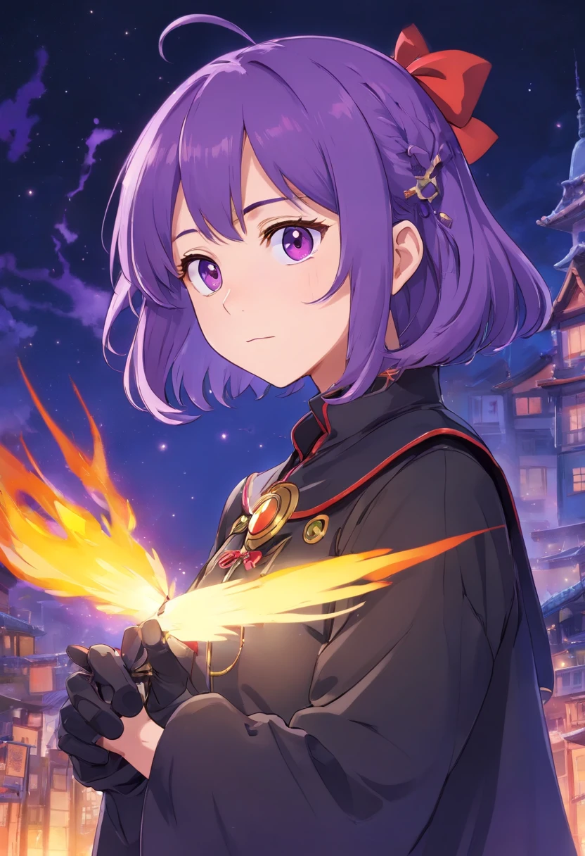 A girl wearing an anime collar, Purple pupils,cabelos preto e longos,Tall,Cold,Wearing a black heavy armor,Open right hand,There is a flame in the palm of your hand,The background is the endless void