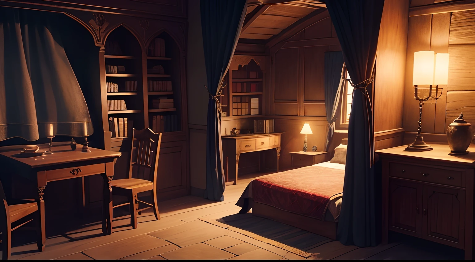 it is night time, there is a medieval room with a single bed, a table with two chairs, a closed window and a bookshelf, fantasy style, interior background art, personal room background, bedroom background, dim bedroom, room full of candles, night time, walls made of blocks of stone, curtains covering the window