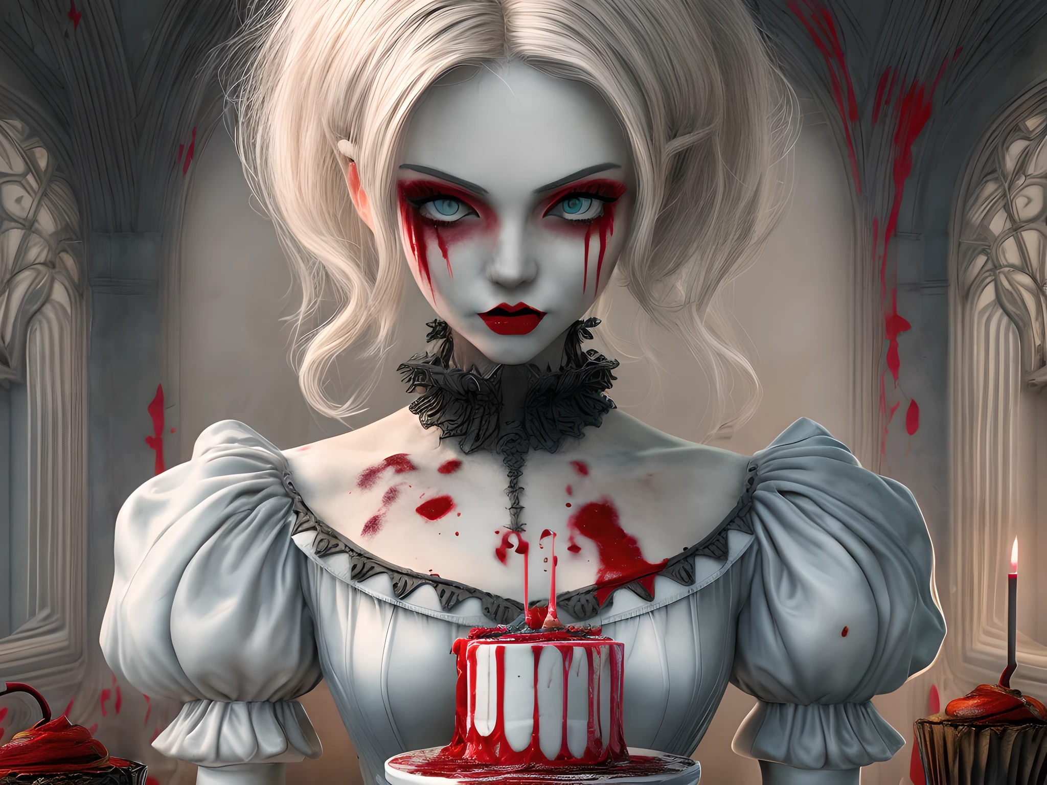 a 3D picture of extremely (beautiful female vampire: 1.4) looking at (red MasterChef style cake: 1.5), an exquisite beautiful vampire, full body, ultra feminine ultra detailed face, blond hair, short hair, pale skin, red lips, blue eyes, (vampiric fangs: 1.2) wearing sexy white seductive latex dress, blood stains on the dress, looking at a red Bakeoff, award winning cake, 2 floors, decorated with red whipped cream, and artful stylish decorations, blood dripping from the cake, dark castle style kitchen background, dim candles light, dark fantasy art, gothic art, dynamic angle, best details, best quality, 16K, [ultra detailed], masterpiece, best quality, (ultra detailed), full body, ultra wide shot, photorealistic, 3D rendering,