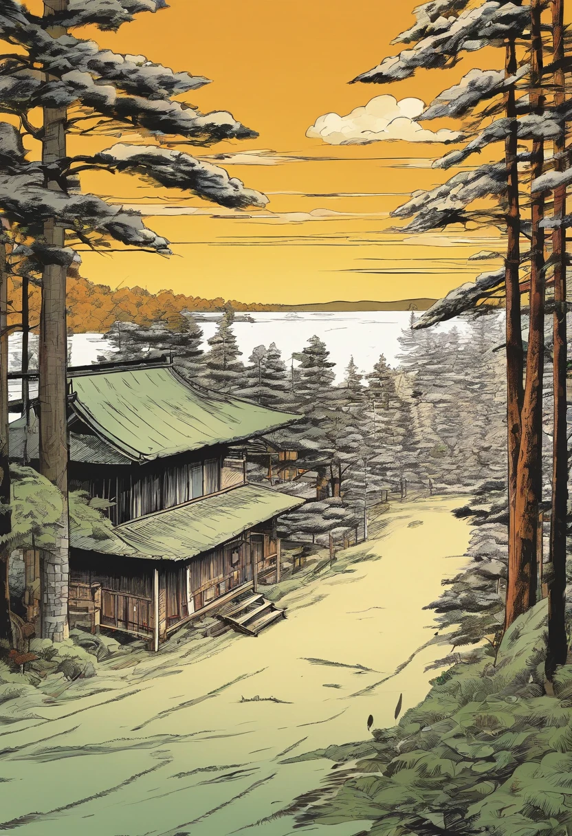 Japanese style manga, The comic story is presented in multiple irregular colored panels. The boy groped his way forward in the dark,After pushing open the door of the room, I saw a forest,There is also a chalet in the distance. The style is exaggerated and meticulous