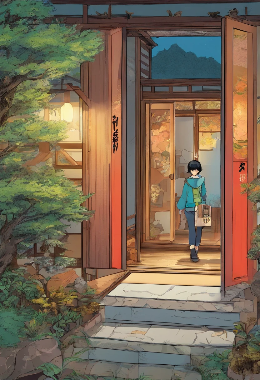 Japanese style manga, The comic story is presented in multiple irregular colored panels. The boy groped his way forward in the dark,After pushing open the door of the room, I saw a forest,There is also a chalet in the distance. The style is exaggerated and meticulous