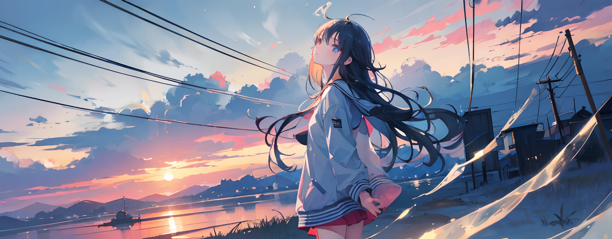 Vast sky、natta、​​clouds、murky、early morning、the morning sun、countryside、electric wires、Contrasty、top-quality、Girl looking up at the sky、soio