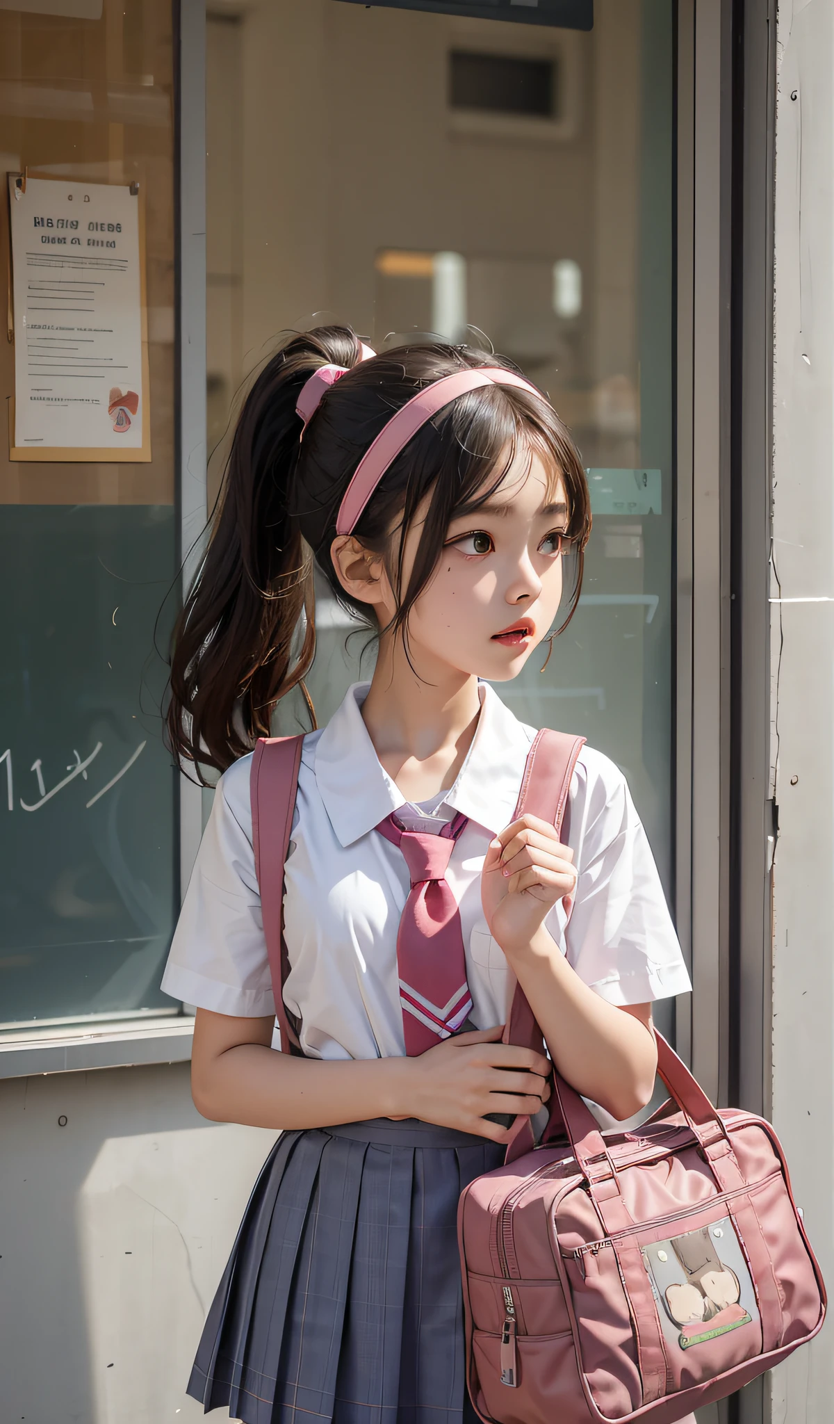 An eight-year-old girl, schoolboy school bag, cute pink school uniform, animal hanging, ponytail, headband