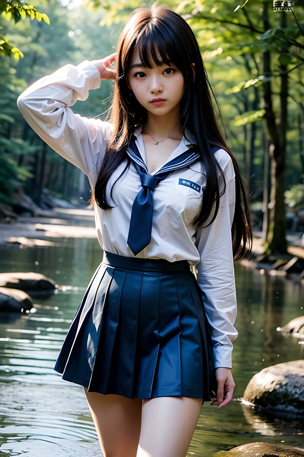 nsfw、masterpiece、high-level image quality、The ultra -The high-definition、8k wallpaper、((extremely beautiful face、kawaii faces))、Bright brown eyes、((Double beautiful eyes))、no-makeup、Well-formed face,full body Esbian、a sailor suit,Summer uniform、Blue tie、a blue skirt、One Beautiful Girl, hi-school girl、 student、Hairstyle with bangs、great outdoors、Blue swamp in the coniferous forest belt、Beautiful girl walking in the water and coming here、Embarrassment、confusion、Ephemeral、dark sky、side lights、Noise Reduction、Pale and soft light、diffuse glow、Hair that flutters in the wind、A skirt that flutters in the wind、white panty