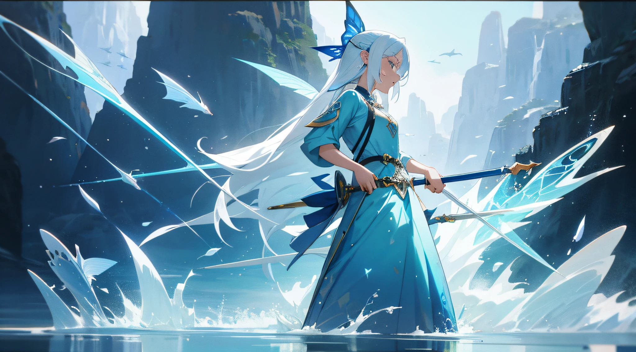 Image of a woman with white hair and a blue dress holding a sword, fantasy art style, Trending on ArtStation pixiv, epic fantasy art style, fanart best artstation, Water Fairy, fantasy character design, fantasy style art, (high quality character design:0,5), detailed anime character art, character design art, Detailed 2D Digital Fantasy Art, divine:1, top-quality, 8K, soio, 1girl in, expressive eyes, Fish-inspired clothing, Marine theme, The magical element of water