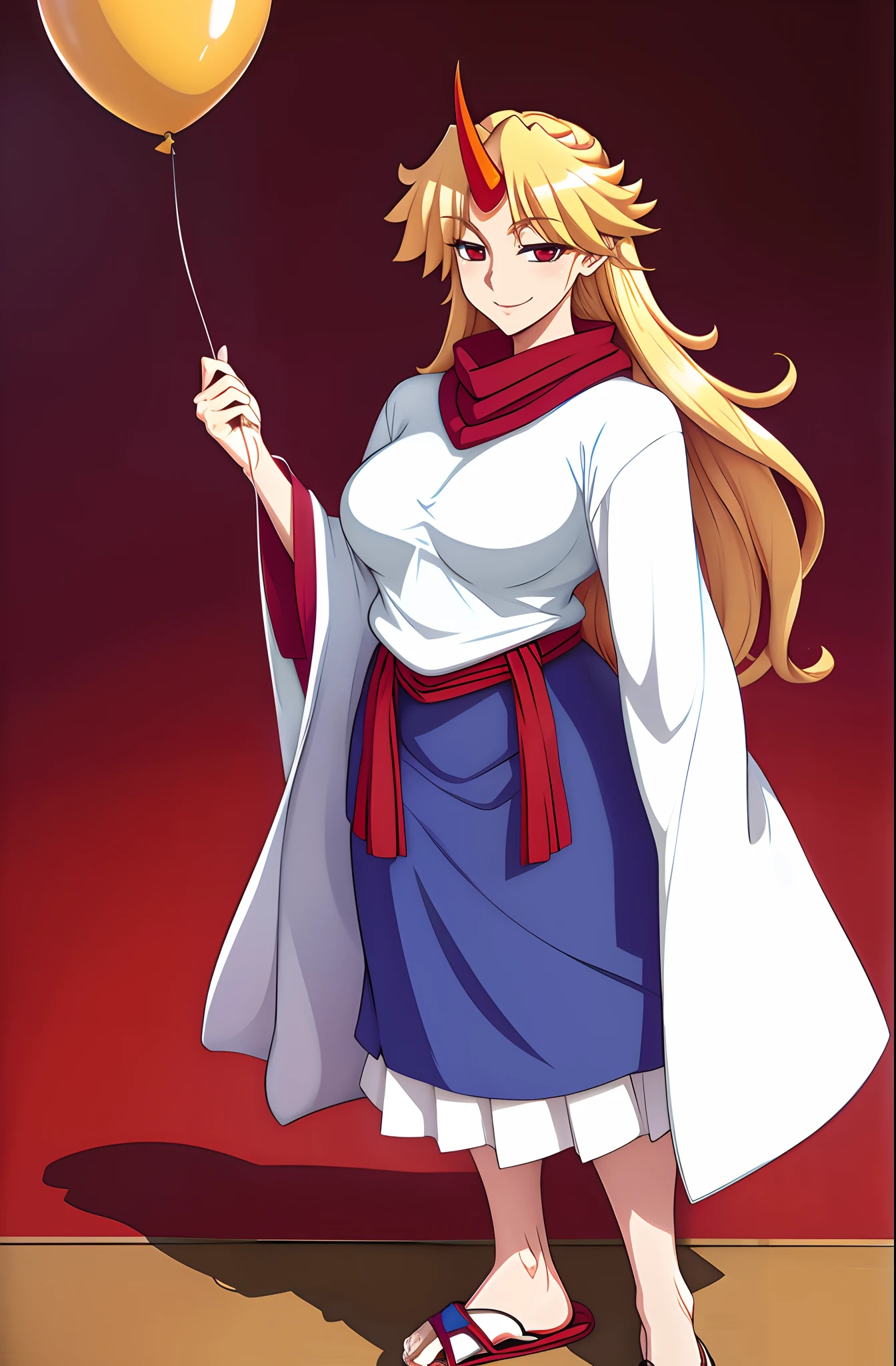 hoshiguma yuugi,medium breast , large skirt, traditional german clothing, bloon hair, red eyes, single horn,oni, closed pullover,long skirt,full body, standing, smile, flipflops