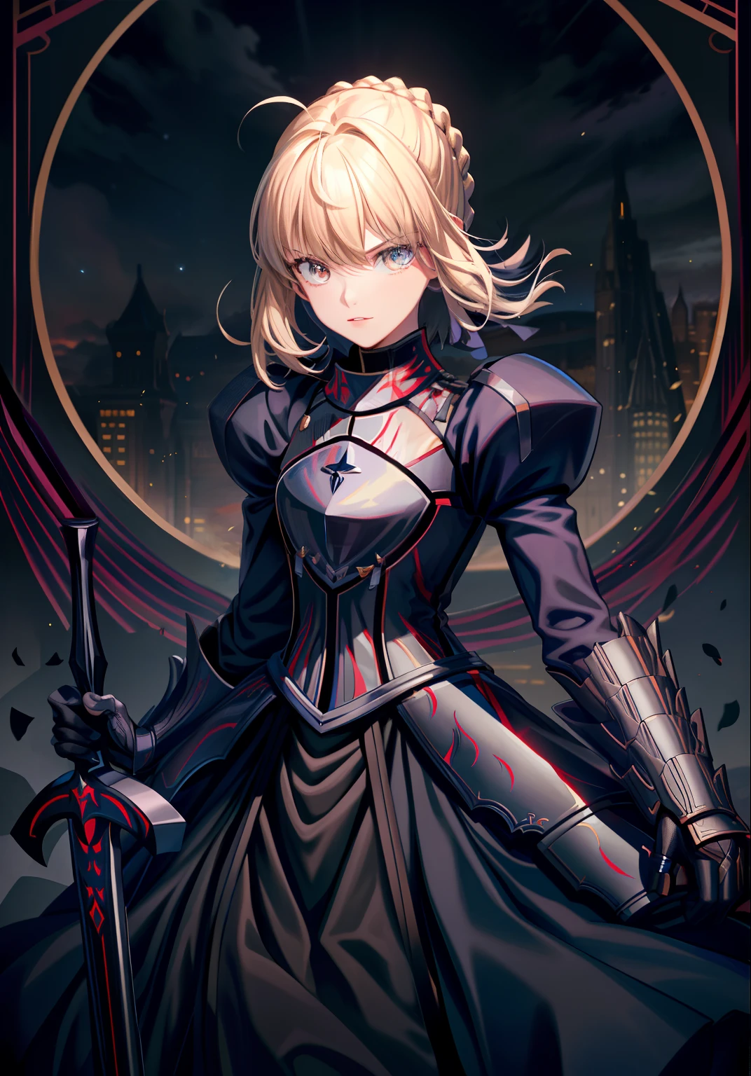 Best quality, Masterpiece, phAlter, phAltoria, 1girll, Solo, Dark weapons, Dark armor dress, Sword of Darkness, view the viewer, Armed with a dark weapon, Dark gloves, Armed with a dark sword, hair between eye, Black dress, chest plate, Black armor, side locks, bangs, french braid, parted lip, Puffy sleeves, Long sleeves, Short hair,