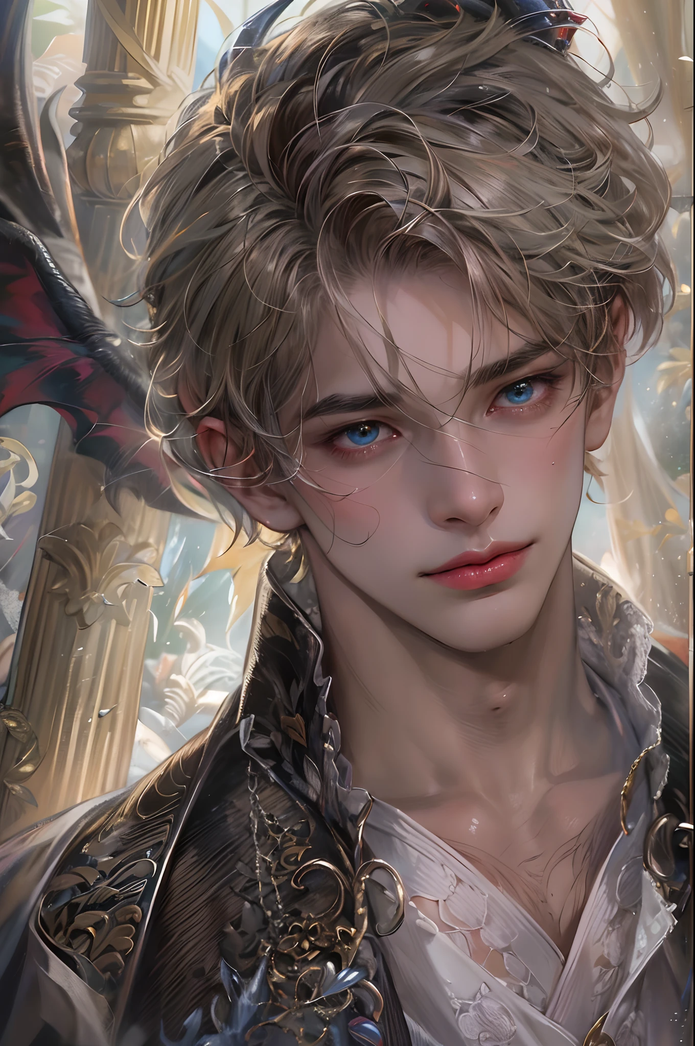 (absurdres, highres, ultra detailed, HDR), masterpiece, best quality, 1 boy , the prince from maleficent movie, boy character ,short hair, handsome face, anime eyes,detailed interior, detailed character