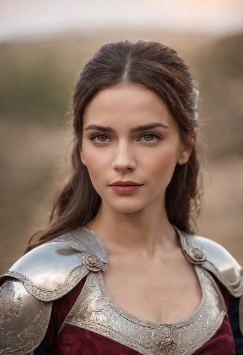 best quality,ultra-detalhado,Guerreiro Blindado Caminhando ,segurando duas espadas,cabelos curto,cicatriz no rosto,detailed eyes and lips,athletic build,strong and confident expression,pose majestosa,fundo medieval,Soft lighting and Warm,armadura altamente detalhada,reflective surfaces,Postura heroica,vivid colors,emphasis on silver tones,retrato