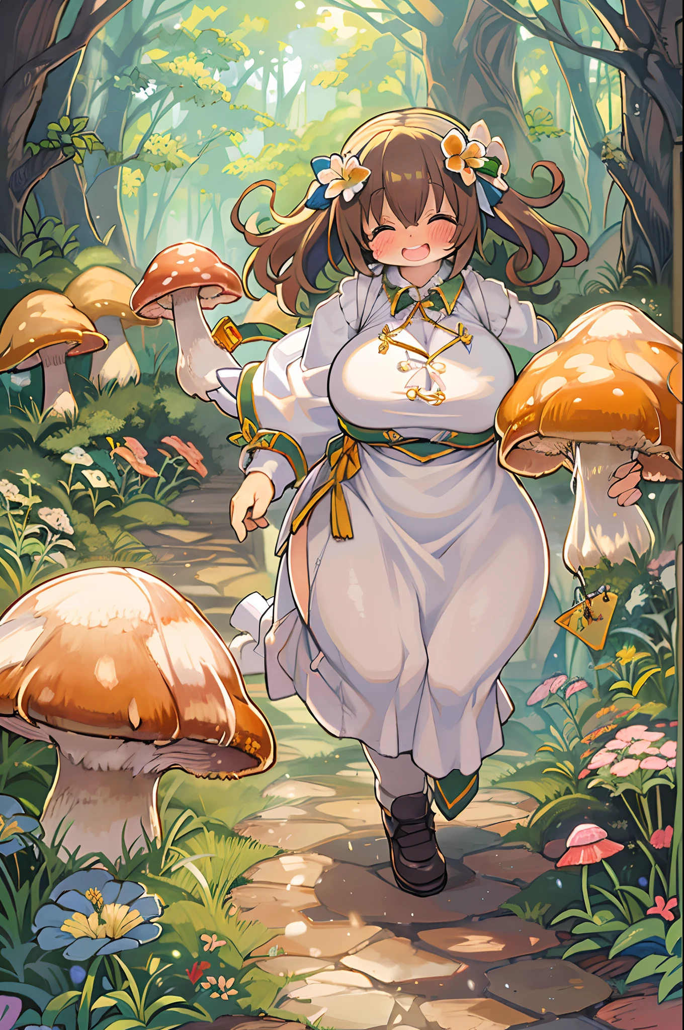 eyesight, (Three Lolitas: 2) Stable diffusion is the best image quality, morning sunlight, Spring landscape, Dew and flowers, flying hair, Live in a fairytale dreamland with mushrooms, trip, Running, and laughing. forest pathway,huge-breasted、bbw,Large Thigh