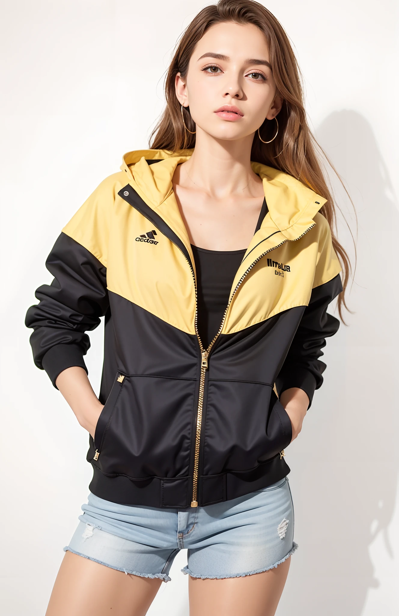 uma mulher com uma jaqueta preta e amarela posando para uma foto, roupas esportivas, jaqueta esportiva, roupas esportivas, fato de treino preto e amarelo, suit jacket, roupas esportivas fofas, jaqueta curta, amarelo e preto, preto e amarelo, com detalhes coloridos fluo, casaco para uma rave, cyber future jacket, wearing jacket, preto. amarelo, Hodie Mihi Cras Tibi, fotografia realista, fotografia, obra-prima, realista, Realismo, renderizado, Alto contraste, Arte Digital, fotográficorealista, trend in Artstation 8k HD, high definiton, circunstanciado, Realistic, detalhada, textura da pele, hiperdetalhada, Textura realista da pele, melhor qualidade, ultra high-resolution, (fotografia realista: 1.4), alta resolução, detalhada, fotografia crua, Crisp resolution, Nikon d850 filme, fotografia de stock 4, Kodak Portra 400 Camera F1 Lens.6, textura hiper realista, lighting dramatic, Unrealistic trend in Artstation Cinestill 800, RAW.