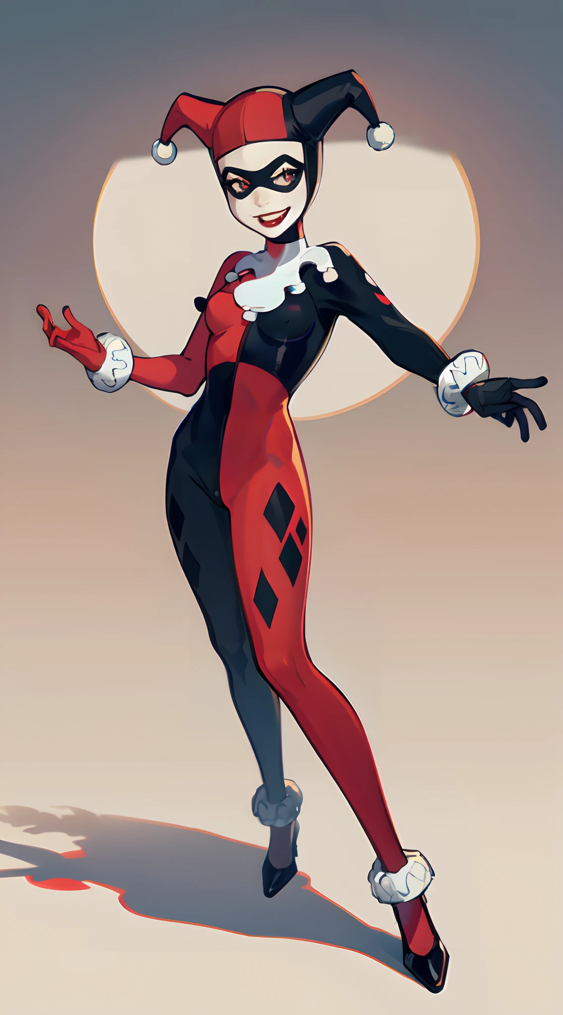 masterpiece, best quality, 1girl, hq1992, solo, bodysuit, domino mask, gloves, hat, jester cap, mask, open mouth, parody, red bodysuit, red gloves, smile, solo, black body suit, red and black bodysuit