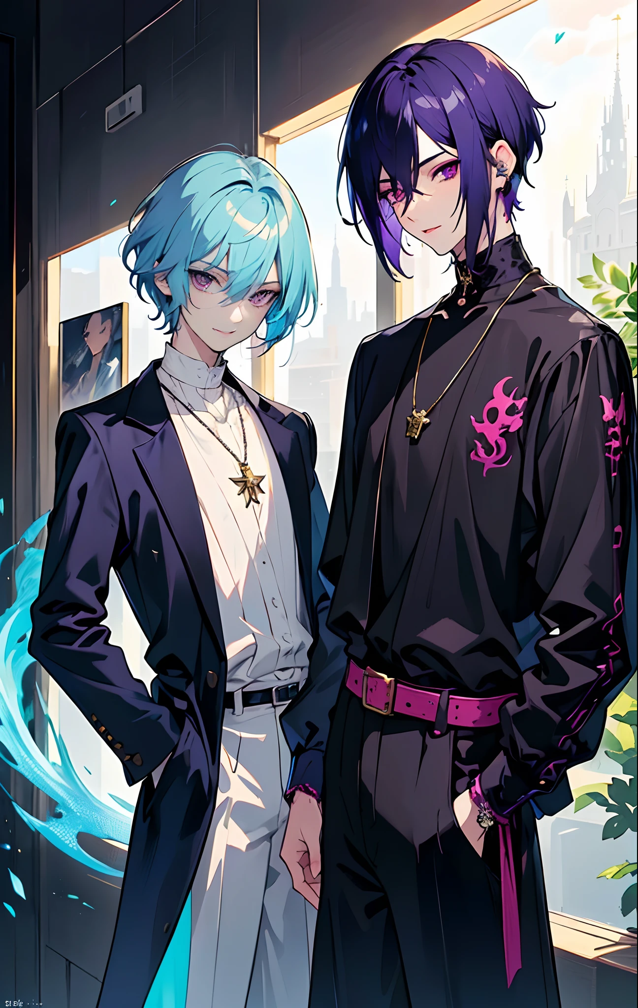 masterpiece, top-quality, 2Others, Male couple, 1 man and 1,, Adults, Height difference, different fashion, different color, finely eye and detailed face, intricate detailes, Casual clothing, window, A smile, Happiness, tenderness, queers, Boys Love, high-level image quality、 selfee, Two beautiful men、tall、The upper part of the body、nightfall、nighttime scene、𝓡𝓸𝓶𝓪𝓷𝓽𝓲𝓬、Korean Male, Idol Photos, k pop, Professional Photos, Vampires, Korean fashion in black and white, Fedoman with necklace, inspired by Sim Sa-jeong, androgynous vampire, :9 detailed face: 8, extra detailed face, detailed punk hair, ((eyes are brown)) baggy eyes, Seductive. Highly detailed, semi realistic anime, Vampires, hyperrealistic teen, delicate androgynous prince, imvu, short hair above the ears, Man with short hair, With a purple-haired man with a wild expression, Man with light blue hair with gentle expression, ((With a short-haired man with bright purple hair)), ((Man with light blue hair))