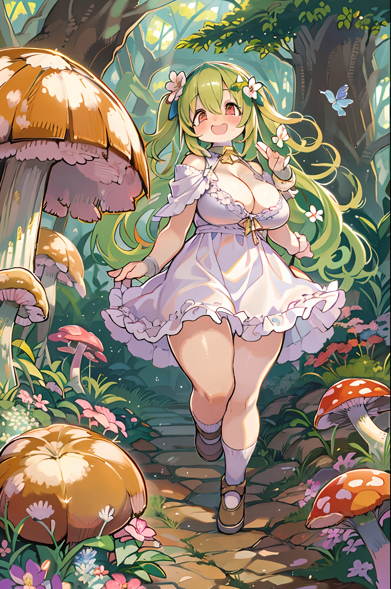eyesight, (Three tas: 2) Stable diffusion is the best image quality, morning sunlight, Spring landscape, Dew and flowers, flying hair, Live in a fairytale dreamland with mushrooms, trip, Running, and laughing. forest pathway,huge-breasted、bbw,Large Thigh