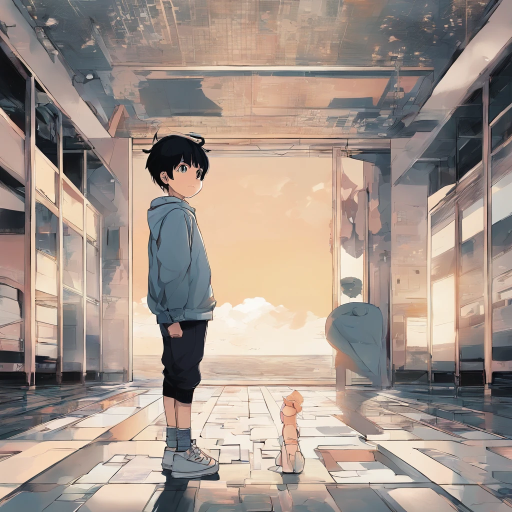 The boy sat up from the ground,Looking at a little girl with long black hair standing in the empty room,A puzzled expression appeared