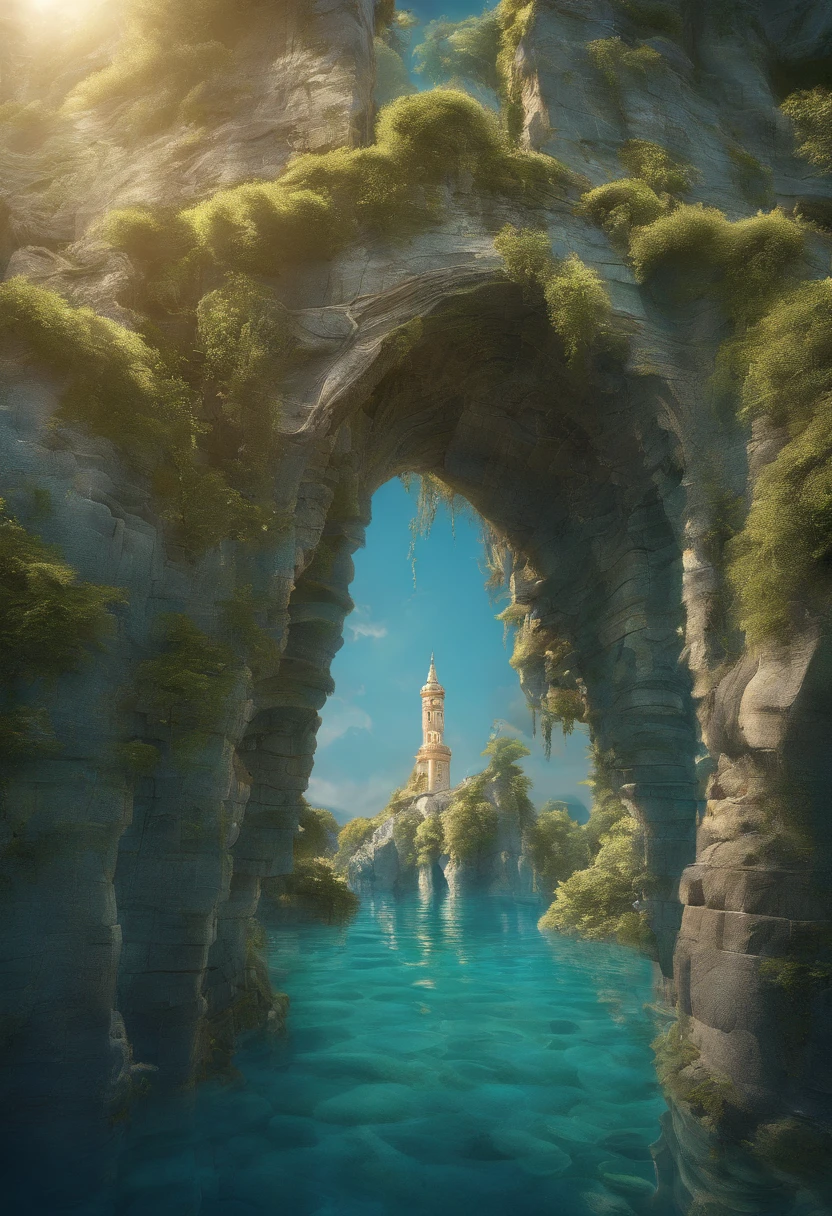 no humans, scenery, vanishing point, from below, masterpiece, best quality, 8k, absurdres, water surface, summer, noon, sunlight, blue sky, perspective, depth of field, highres, finely detail, ultra-detailed, sharp focus