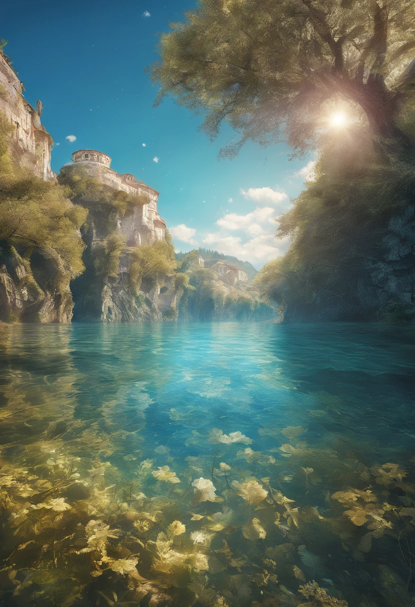 no humans, scenery, vanishing point, from below, masterpiece, best quality, 8k, absurdres, water surface, summer, noon, sunlight, blue sky, perspective, depth of field, highres, finely detail, ultra-detailed, sharp focus