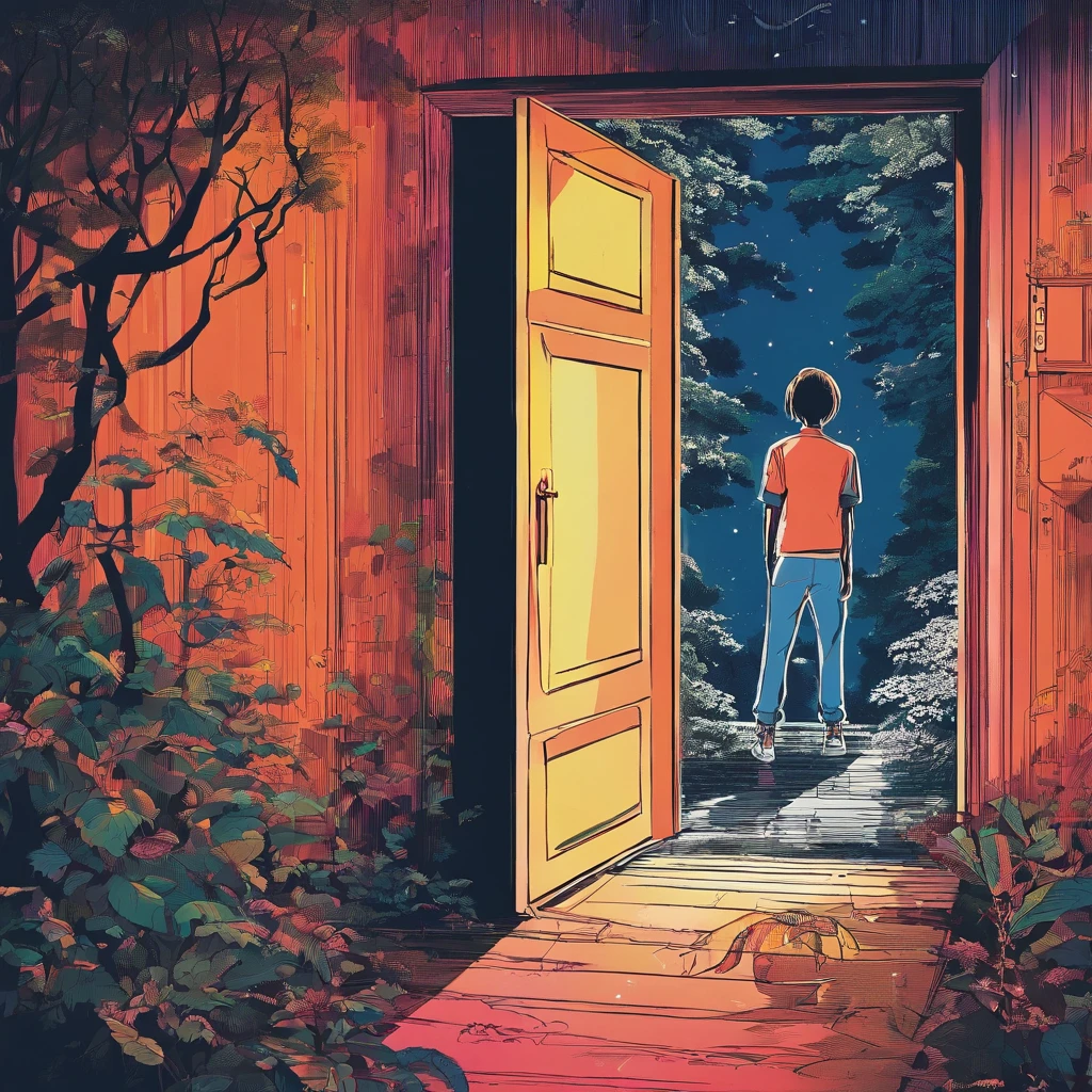 The boy groped his way forward in the dark,After pushing open the door of the room, I saw a forest,There is also a chalet in the distance