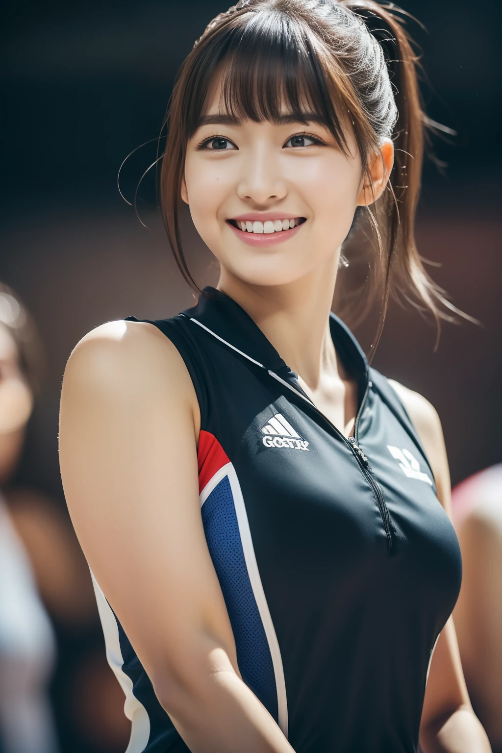 Tabletop、Highest quality、figure、 Ultra-detailed、High resolution、8k wallpaper、Perfect dynamic composition,、Beautiful attention to detail、(Black Volleyball Uniform:1.3), Bobcut、(Beautiful big breasts:1.3)、Natural color lip、Bold sexy pose、smile、((3 people)), 20-year-old girl、cute、sexy shot looking at camera、Gym、Volleyball court