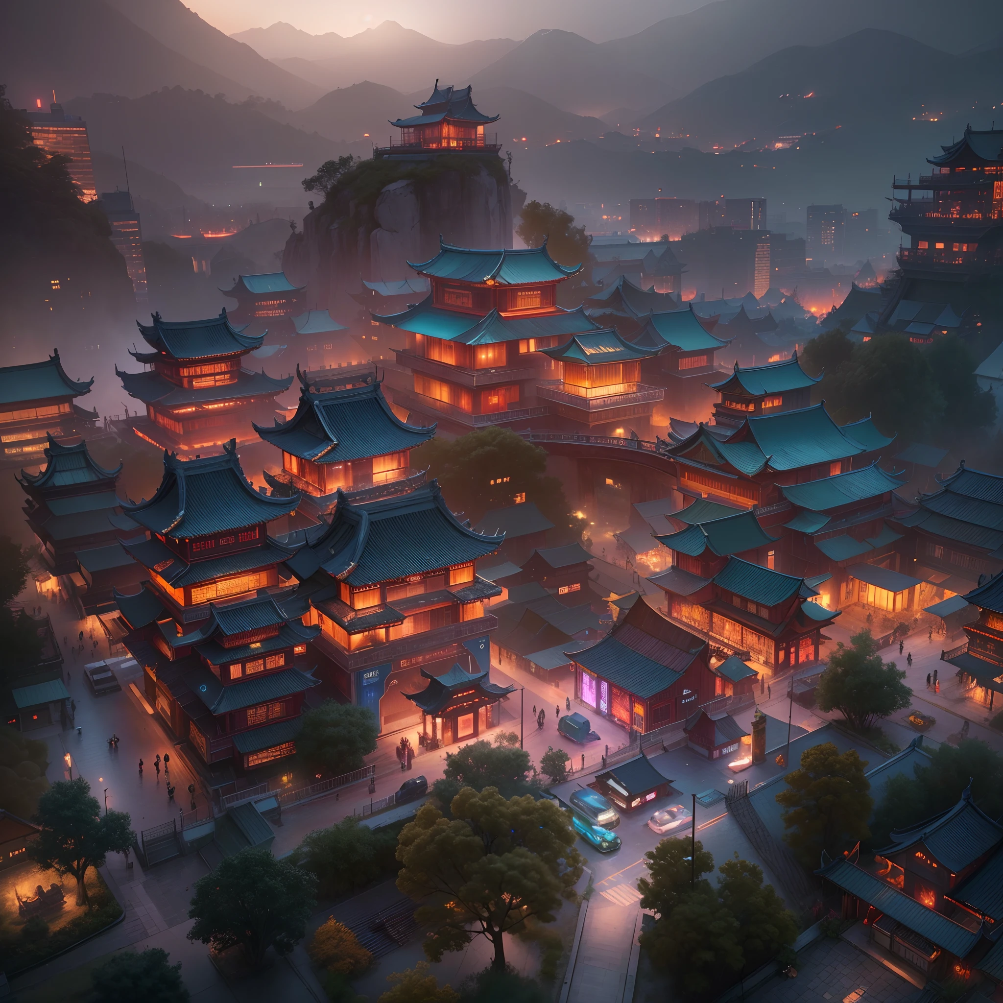 (Best quality,4K,8K,A high resolution,Masterpiece:1.2),Ultra-detailed,(Realistic,Photorealistic,photo-realistic:1.37),(Wide-angle lens),hdr,hyper HD,Ultra-fine painting,Sharp focus,Physically-based rendering,Extreme detail description,professional,Vivid colors,A city built on the hill,(A city where traditional Chinese elements and futuristic technological architecture are harmoniously integrated),Traditional Chinese symbols integrated into modern architecture,holographic projections,Traditional Chinese patterns,Innovative energy,Giant LED screens blend into the cityscape,Innovative transport systems,Cyberpunk elements blend seamlessly into the cityscape,High-tech large-scale art installation,A fusion of ancient tradition and cutting-edge technology,
