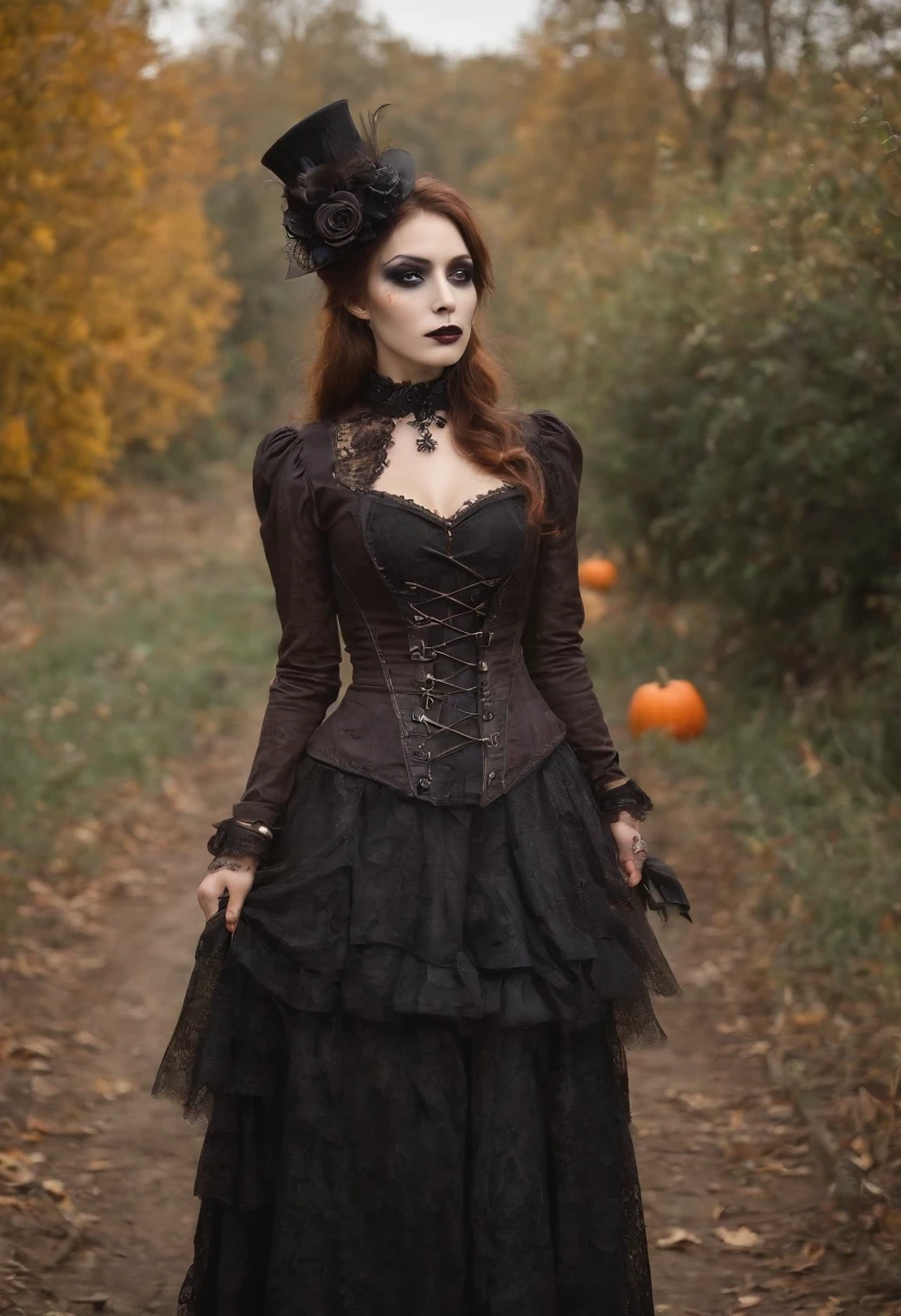 steampunc、Steampunk Body、Full body posture、skeletal、Machine body、Gear device、Karakuri doll、Industrial Revolution、Russian men、50 years old、Short hairstyle、Little fat girl、sulky face、skeletal、(((Halloween Makeup)))Autumn landscape、evening、Like the Addams Family、Nightmare、burial site、Crescent Night、the bats、creepy atmosphera、Pumpkin shine