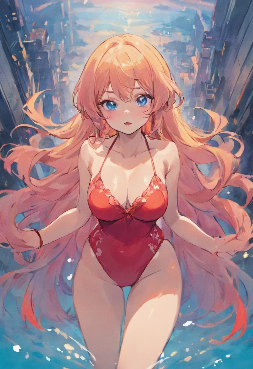 Maruher, Adult children, Loire, The long-haired, blue eyes, thick lip, red lipsticks, slim waist, large hips, thick thight, enormous, huge-breasted, huge-breasted, In a pink swimsuit, There are pairs