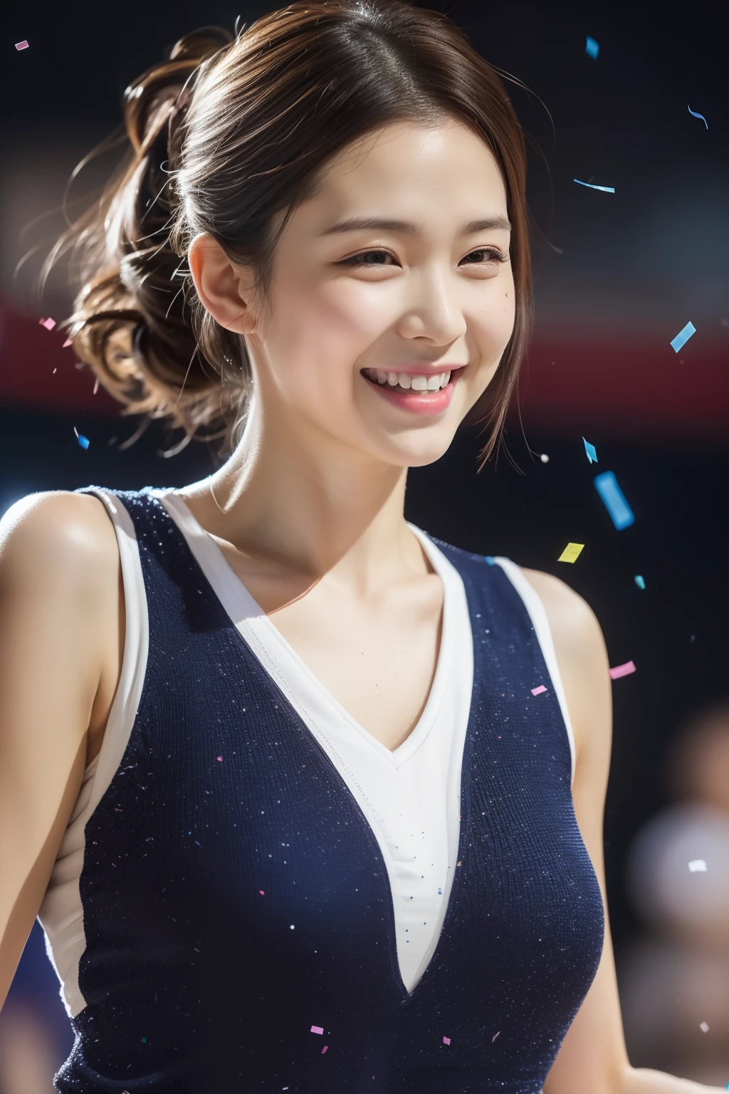 ((masutepiece, Highest quality, super definition, high resolution)), ((body shot:1.5)), Looking back, (1 Chinese slim woman, 28 years old), Sony A7, filmgrain, A dark night, Photorealistic, one-point perspective, diffused reflections, colorful shiny particles, Lens flare, Soft lighting, Seductive smile, Dark brown hair, ((Hair up)), (basketball suit:1.2), com rosto detalhado, Detailed eyes, Double eyelids, Medium breasts:1.2, Rest basketball court, The audience was excited, Confetti flies, Happy smile, High quality, 4K,