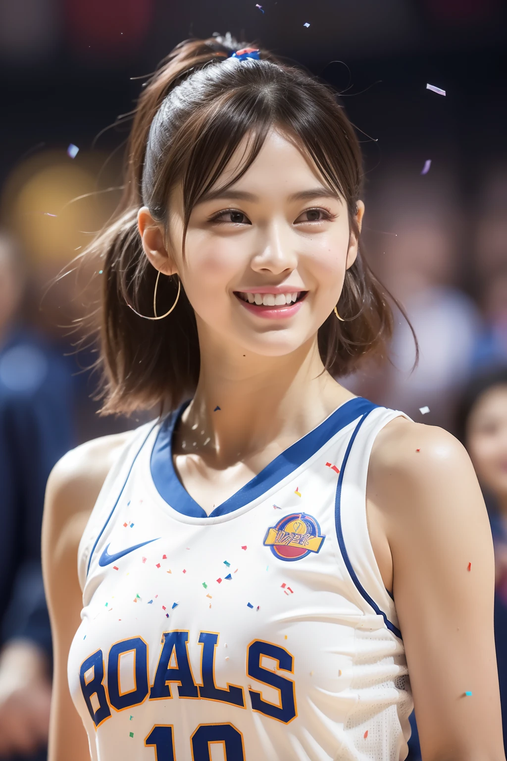 ((masutepiece, Highest quality, super definition, high resolution)), ((body shot:1.5)), Looking back, (1 Chinese slim woman, 28 years old), Sony A7, filmgrain, A dark night, Photorealistic, one-point perspective, diffused reflections, colorful shiny particles, Lens flare, Soft lighting, Seductive smile, Dark brown hair, ((Hair up)), (basketball suit:1.2), com rosto detalhado, Detailed eyes, Double eyelids, Medium breasts:1.2, Rest basketball court, The audience was excited, Confetti flies, Happy smile, High quality, 4K,