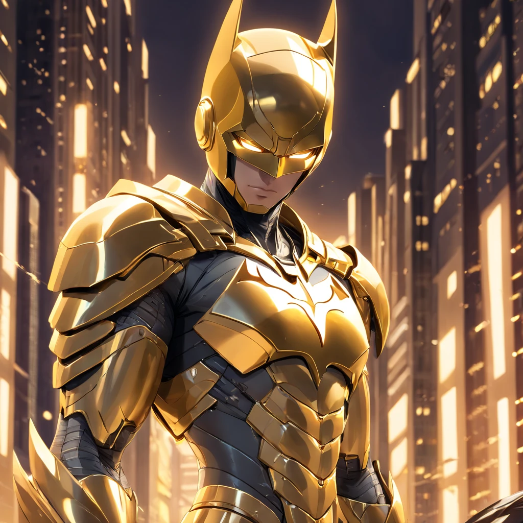 Realistic image of an advanced cybersuit in gold color, Batman from DC Comics