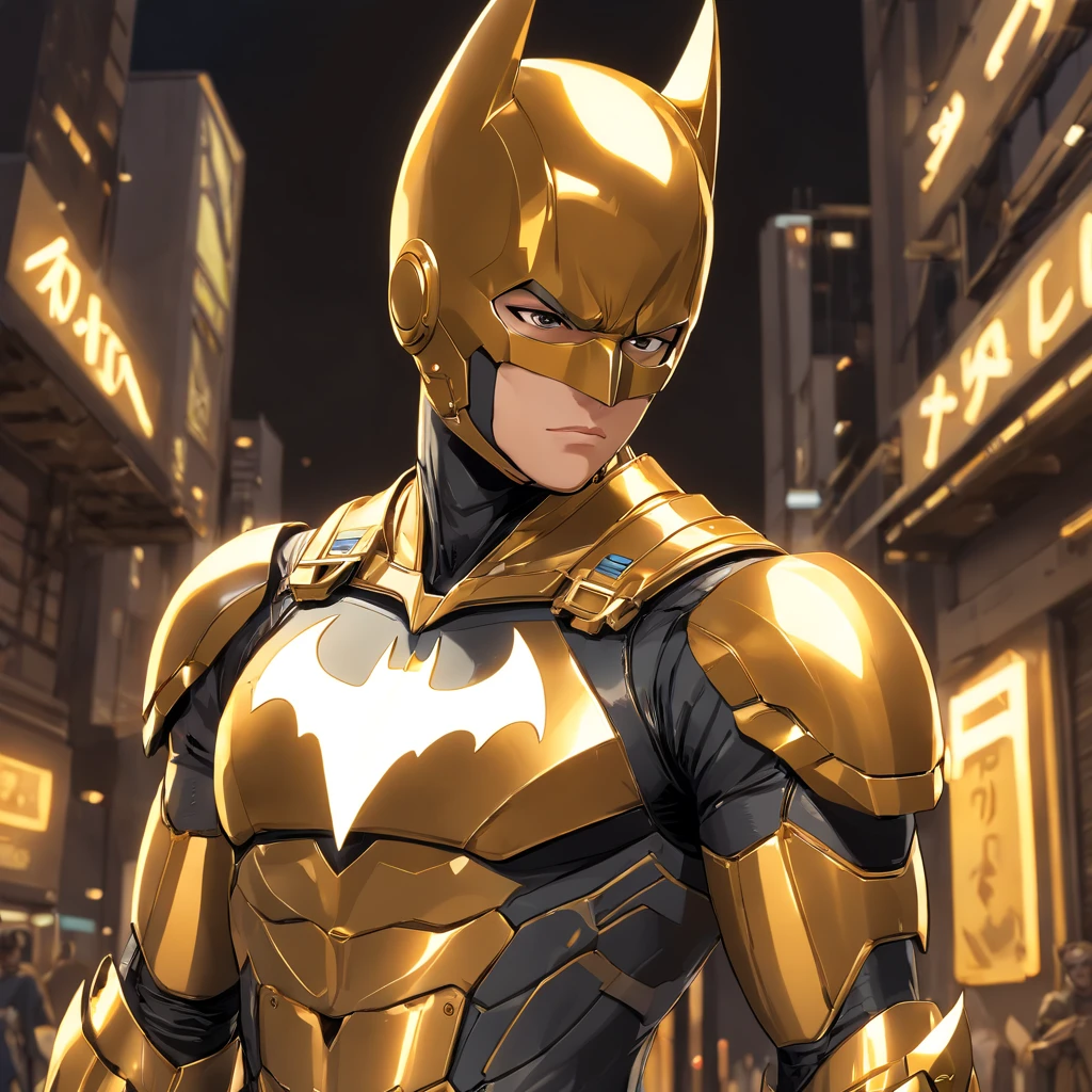 Realistic image of an advanced cybersuit in gold color, Batman from DC Comics