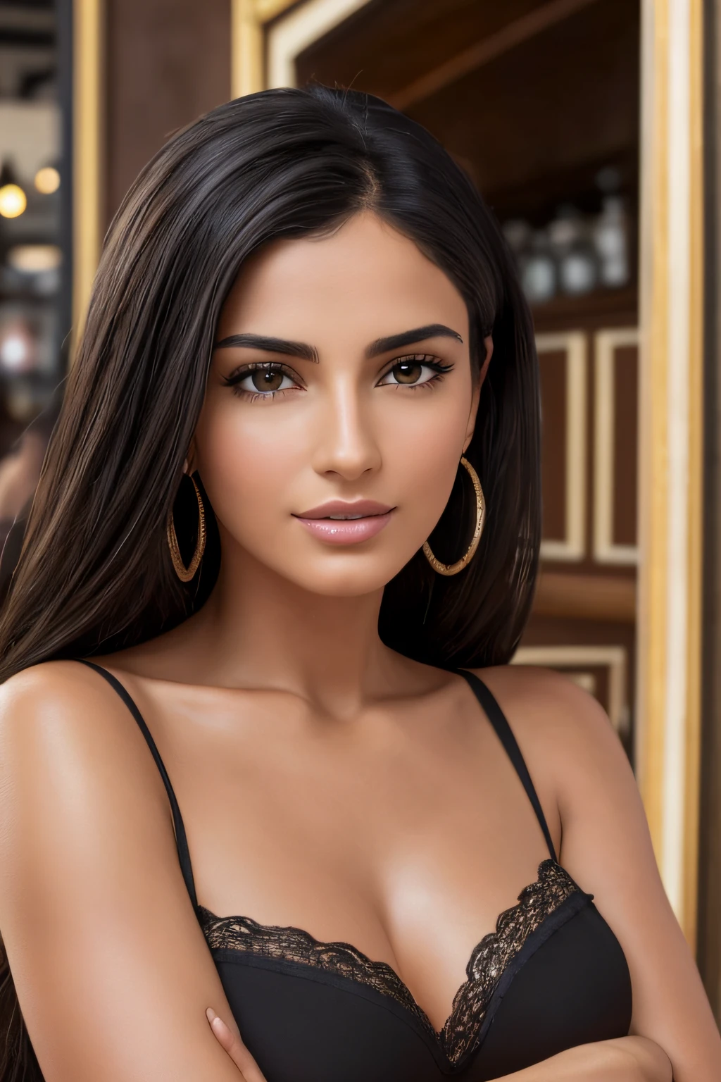 very detailed, Italian woman, background, detailed coffee shop, (with black hair), (dark eyes) (beautiful symmetrical face) nice and defined nose, (protruding and angular jaw), well-proportioned firm lips and full, stunning realistic photography, realistic soft colors, octane rendering, intricate details, sharp focus, stunning full colors, taken with a DSLR camera, 32k resolution, best quality, (focus on skin texture)