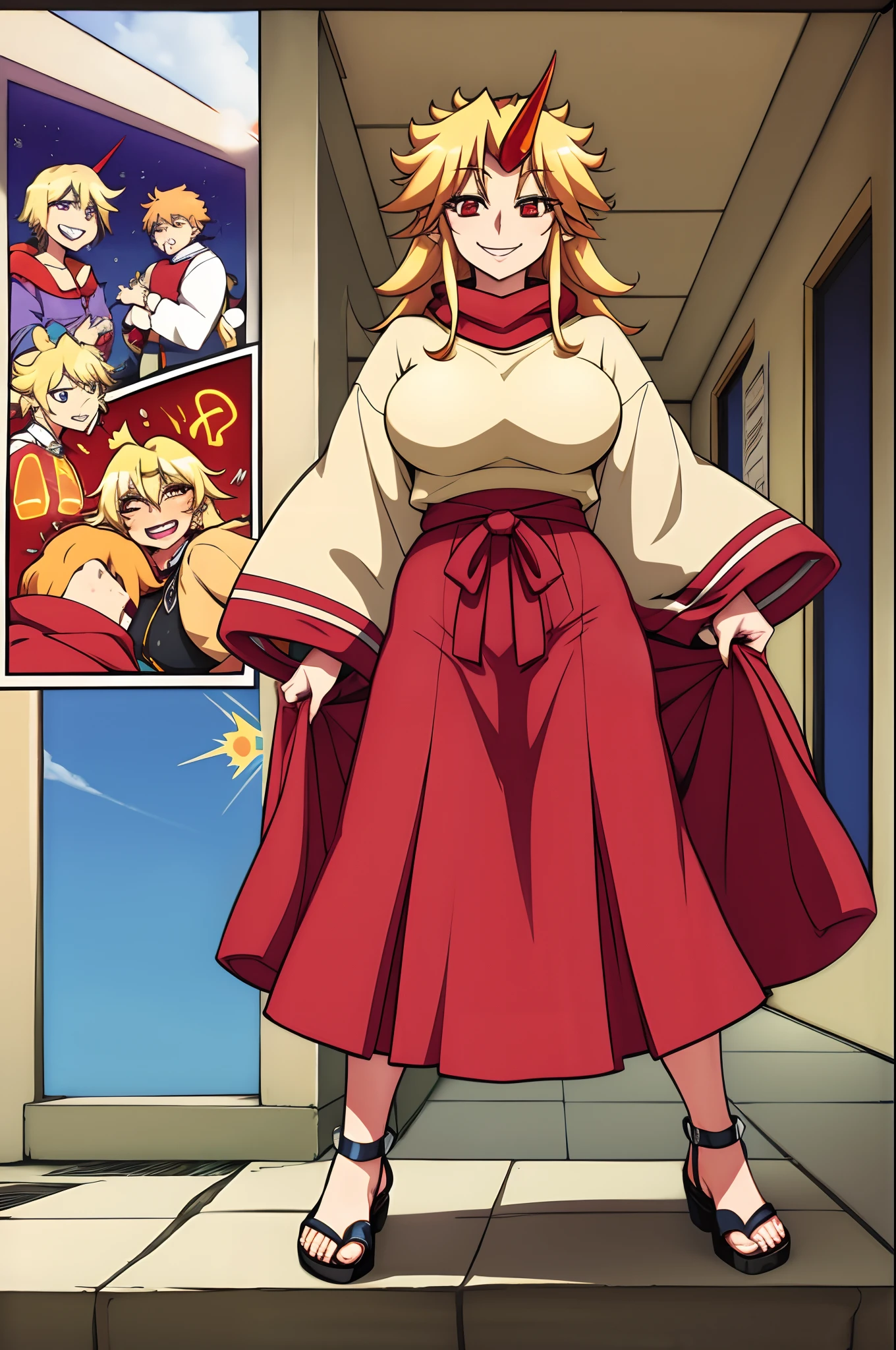 hoshiguma yuugi,medium breast , large skirt, traditional german clothing, bloon hair, red eyes, single horn,oni, closed pullover,long skirt,full body, standing, smile, flipflops