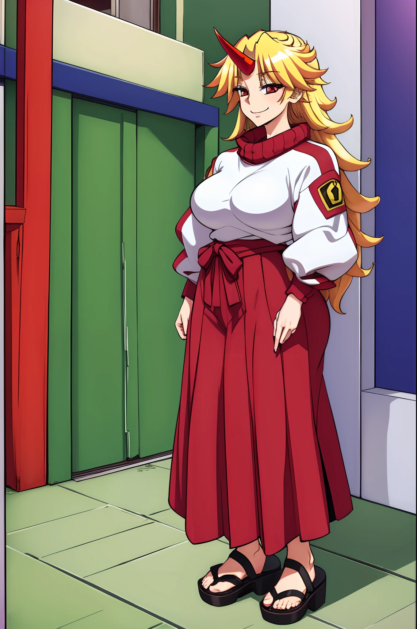 hoshiguma yuugi,medium breast , large skirt, traditional german clothing, bloon hair, red eyes, single horn,oni, closed pullover,long skirt,full body, standing, smile, flipflops