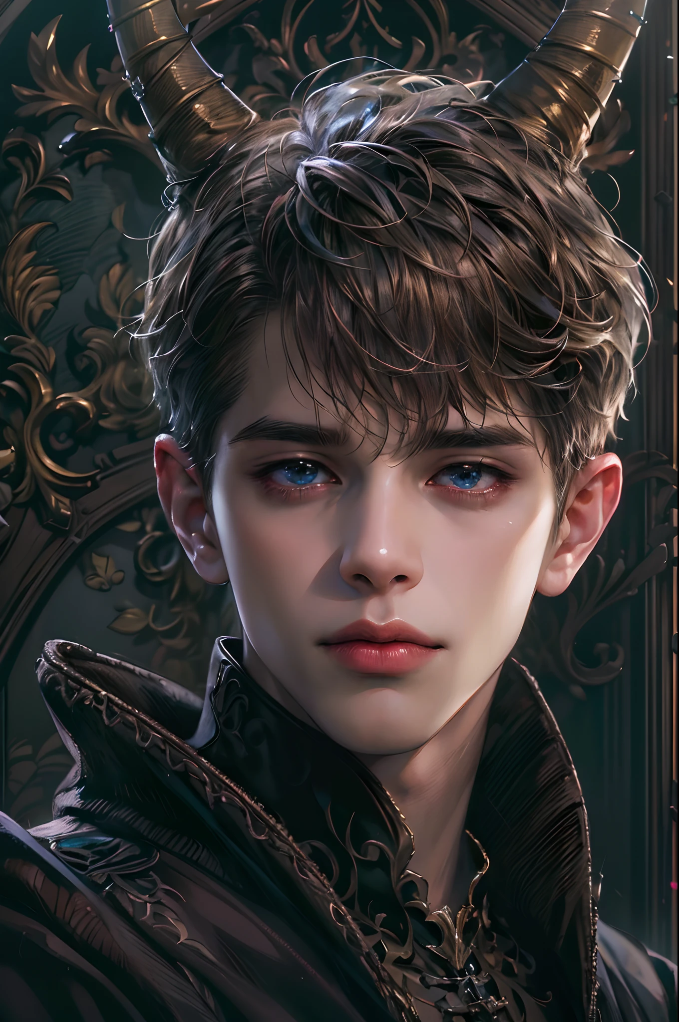 (absurdres, highres, ultra detailed, HDR), masterpiece, best quality, 1 boy , the prince from maleficent movie, boy character ,short hair, handsome face, anime eyes,detailed interior, detailed character