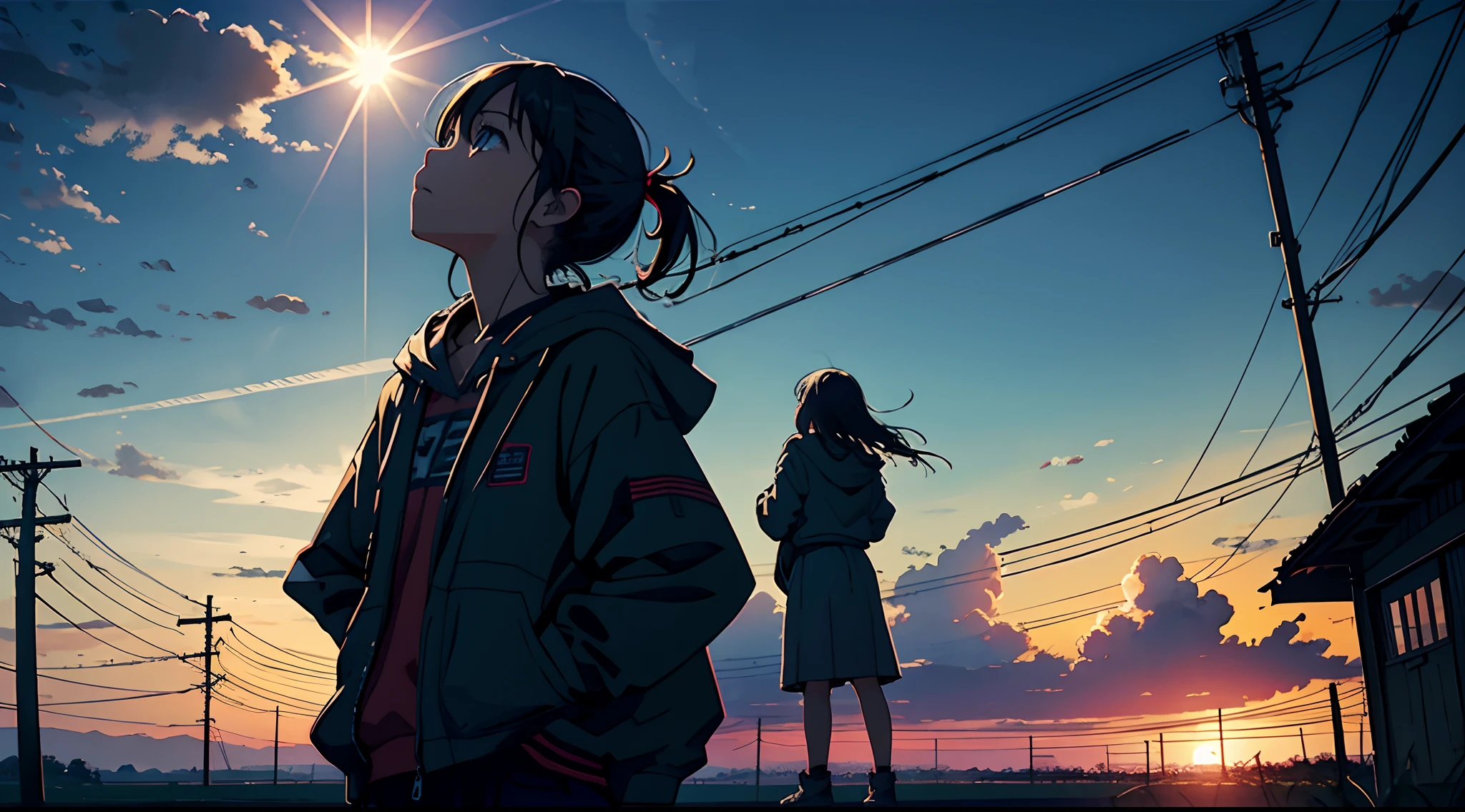 Vast sky、natta、​​clouds、murky、early morning、the morning sun、countryside、electric wires、Girl looking up at the sky、Contrasty、top-quality