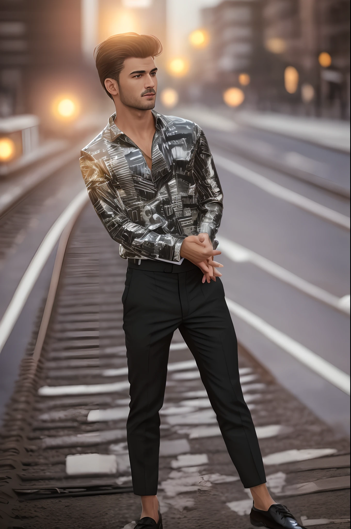 change background with street, corner light, tall building, wear black suit, realistic face, 8k ultra realistic face,  standing on a train track with his hands in his pockets, full body shot hyperdetailed, stylish pose, !!full body portrait!!, highly detailed full body, handsome stunning realistic, handsome man, masculine pose, !!highly detailed, !!highly detailed!!, casual pose, realistic picture, full body portrait shot, inspired by Silvestro Lega