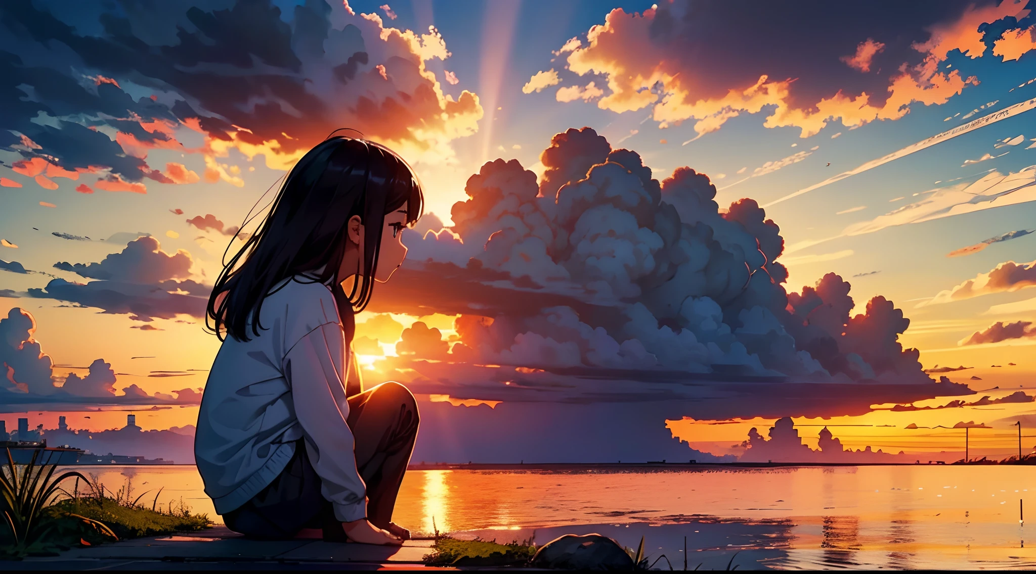 Enchanting sunset scene with little girl fascinated by the sunshine and the majestic golden rays of the clouds、top-quality