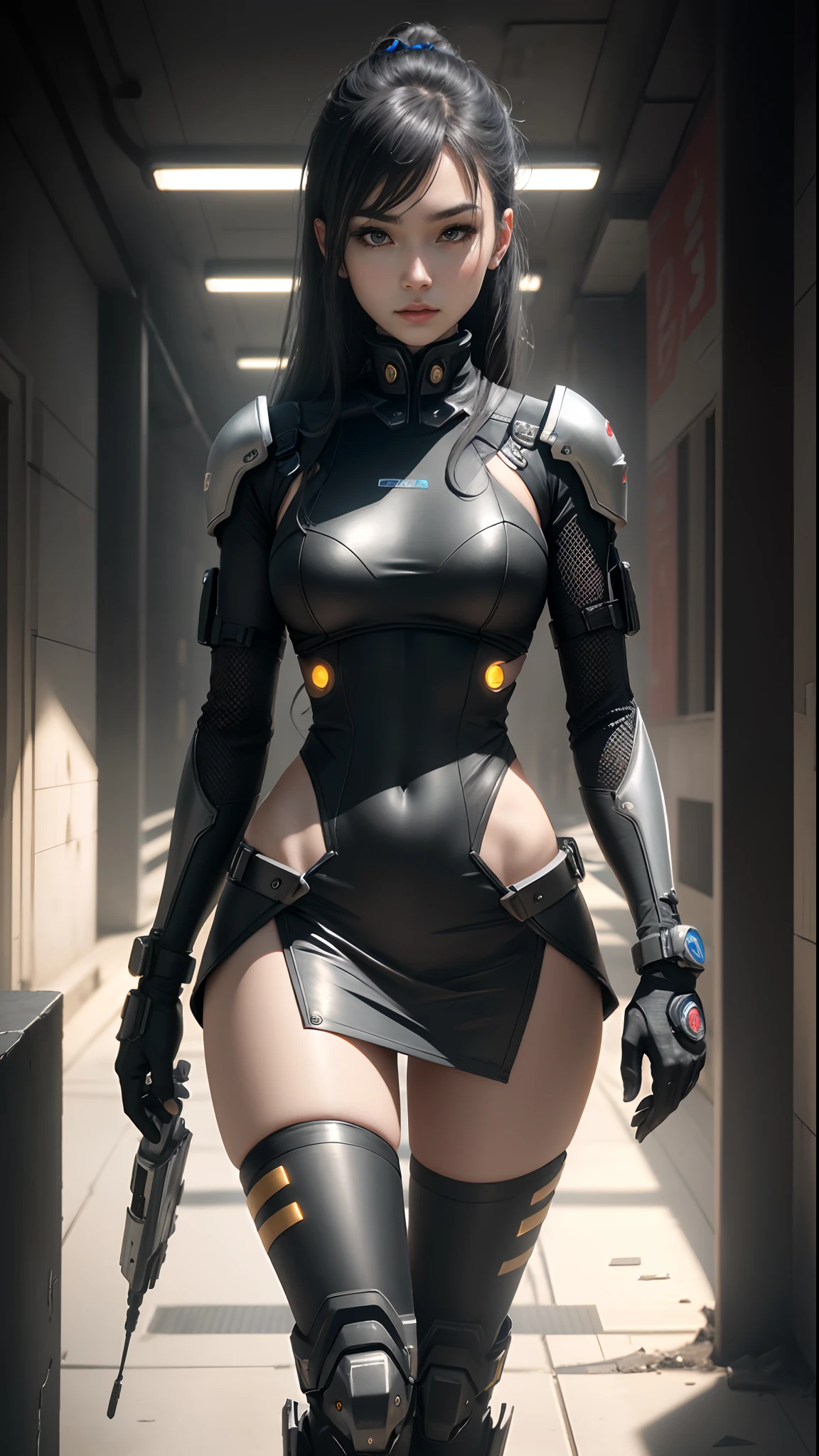 wearing black suit and mini tight skirt, anime style, (8k, RAW photo, best quality, masterpiece:1.2), a girl with calm and rational personality, demonstrating a loyal and efficient approach to her tasks, human-like aspect to her, possess emotions and empathy, leadership and cooperation would be crucial traits for her in order to support the mercenaries effectively, 6-foot-tall mechanical being with a silver metallic exterior, boasts a futuristic design, wears a black bodysuit with the emblem, sports data control gloves on her wrists, with small hardware interfaces on her fingertips, A small wing-like device is attached to her back, serving as equipment for high-speed movement and flight, waist carries a belt containing communication devices, hacking tools, and other accessories, ((Best quality)), ((masterpiece)), (highly detailed:1.3), 3D,Shitu-mecha, beautiful cyberpunk women with her mecha in the ruins of city from a forgoten war, ancient technology,HDR (High Dynamic Range),Ray Tracing,NVIDIA RTX,Super-Resolution,Unreal 5,Subsurface scattering,PBR Texturing,Post-processing,Anisotropic Filtering,Depth-of-field,Maximum clarity and sharpness,Multi-layered textures,Albedo and Specular maps,Surface shading,Accurate simulation of light-material interaction,Perfect proportions,Octane Render,Two-tone lighting,Low ISO,White balance,Rule of thirds,Wide aperature,8K RAW,Efficient Sub-Pixel,sub-pixel convolution,luminescent particles,light scattering,Tyndall effect