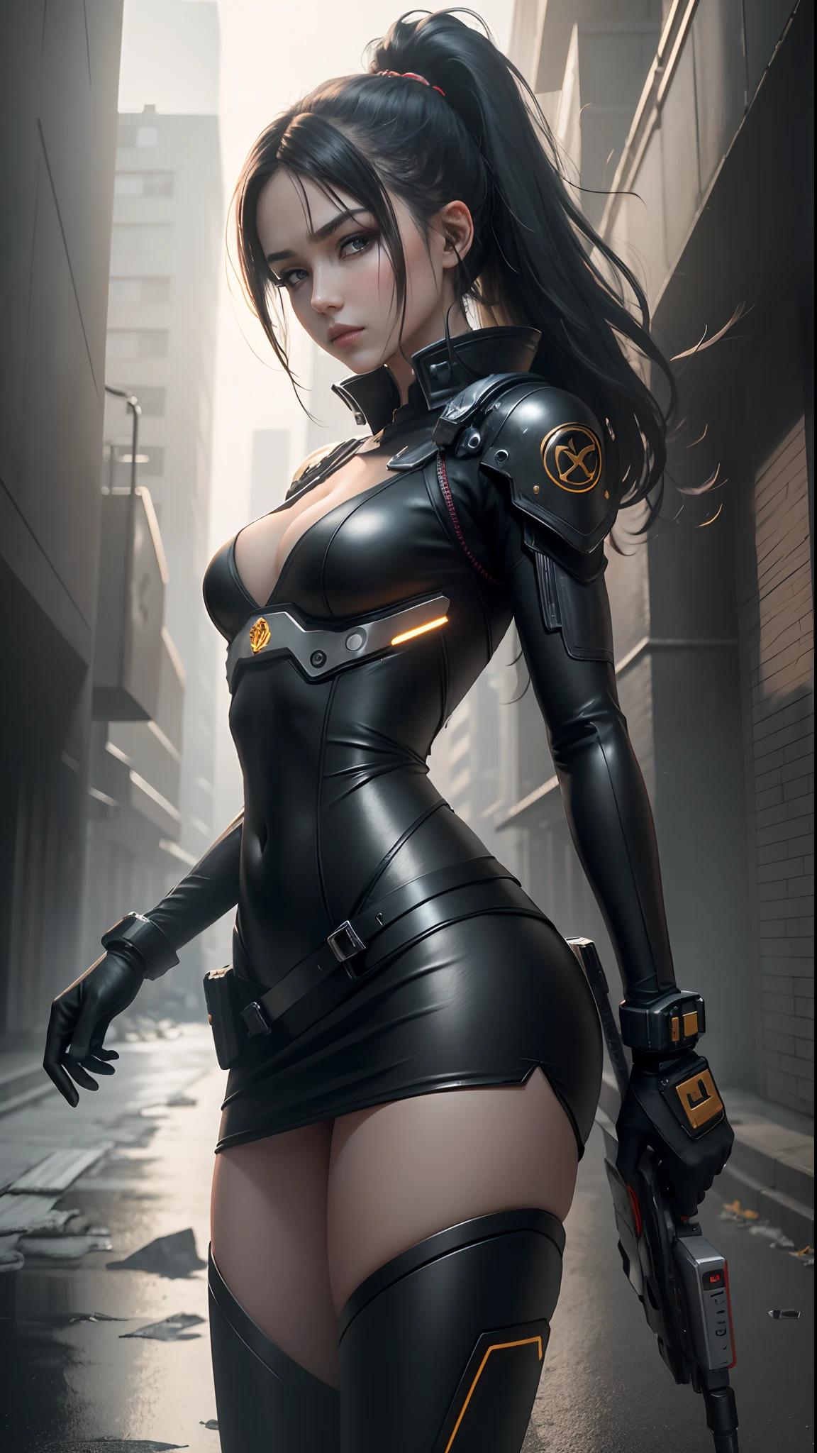 wearing black suit and mini tight skirt, anime style, (8k, RAW photo, best quality, masterpiece:1.2), a girl with calm and rational personality, demonstrating a loyal and efficient approach to her tasks, human-like aspect to her, possess emotions and empathy, leadership and cooperation would be crucial traits for her in order to support the mercenaries effectively, 6-foot-tall mechanical being with a silver metallic exterior, boasts a futuristic design, wears a black bodysuit with the emblem, sports data control gloves on her wrists, with small hardware interfaces on her fingertips, A small wing-like device is attached to her back, serving as equipment for high-speed movement and flight, waist carries a belt containing communication devices, hacking tools, and other accessories, ((Best quality)), ((masterpiece)), (highly detailed:1.3), 3D,Shitu-mecha, beautiful cyberpunk women with her mecha in the ruins of city from a forgoten war, ancient technology,HDR (High Dynamic Range),Ray Tracing,NVIDIA RTX,Super-Resolution,Unreal 5,Subsurface scattering,PBR Texturing,Post-processing,Anisotropic Filtering,Depth-of-field,Maximum clarity and sharpness,Multi-layered textures,Albedo and Specular maps,Surface shading,Accurate simulation of light-material interaction,Perfect proportions,Octane Render,Two-tone lighting,Low ISO,White balance,Rule of thirds,Wide aperature,8K RAW,Efficient Sub-Pixel,sub-pixel convolution,luminescent particles,light scattering,Tyndall effect