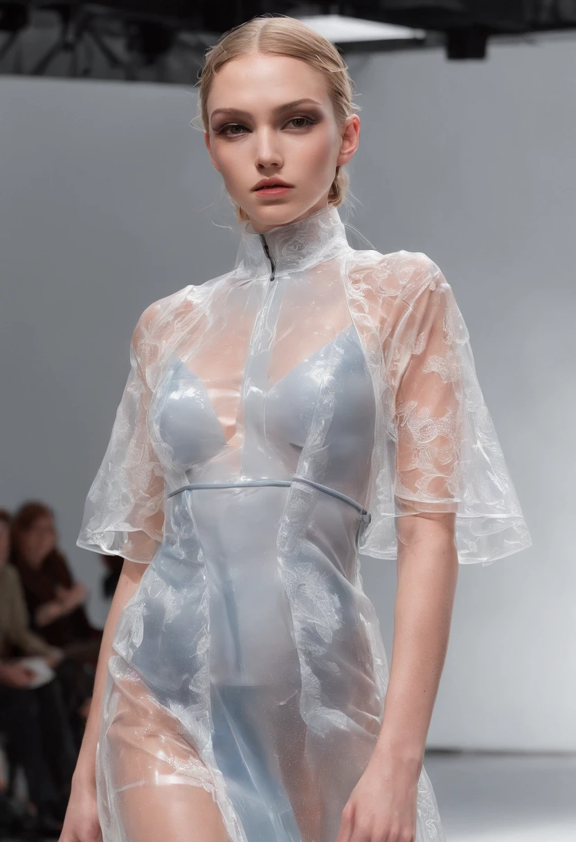 Generate a collection of translucent and transparent, liquid fire, BDSM styled dresses on models to promote mental health awareness on fashion show runway. The collection should be both visually striking and meaningful, and it should convey a message of hope and resilience. The collection should be sustainable and ethical, made from recycled materials or produced in a fair labor environment. With light inside.