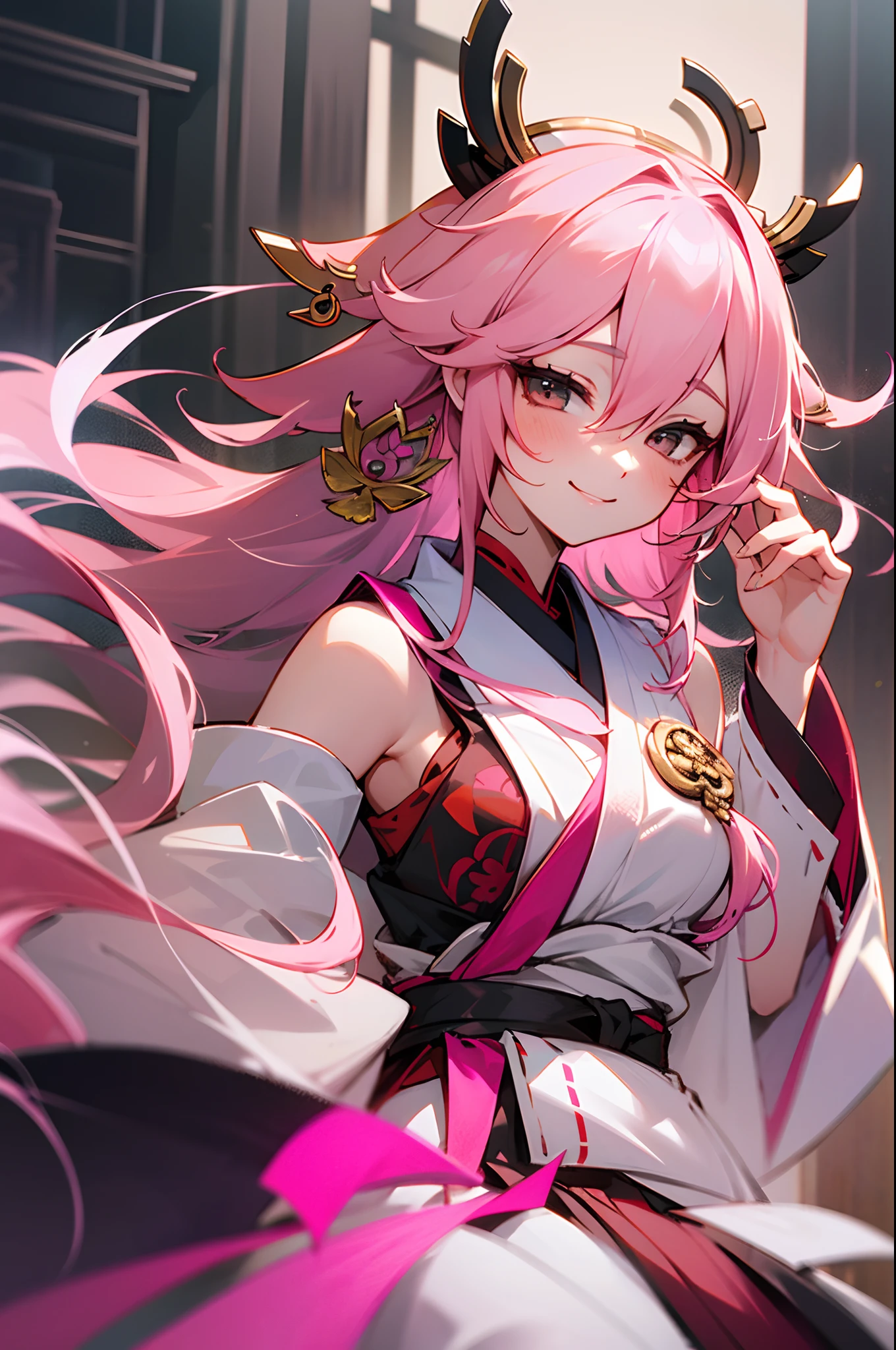 Best Masterpiece 1:1,high detal,full bodyesbian,one-girl,A pink-haired,fox ear,lop eared,Delicate hair accessories,Hand account,extra very long hair,Hair tied up,simplebackground,Long pink sleeves,long skirt,white colors,shrine maiden clothe,exquisite detailing,SakuraNS,torii,ponds,yae miko ,A healing smile