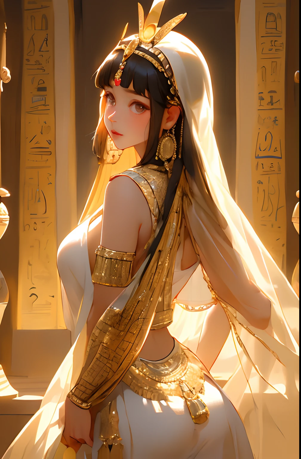 (Masterpiece:1.2), (Best quality:1.2),1个Giant Breast Girl，An Egyptian princess，ars old, brightskin,,Bigboobs，Young，Cocked buttocks，Egyptian attire，By bangs, long whitr hair, egyptian style，ornate backdrop，The upper part of the body