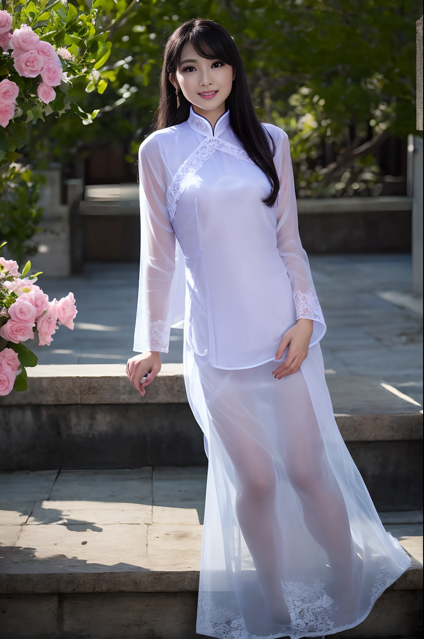 (drooping eyes, realistic skin, round face), ecstasy, ((completely transparent) see-through various-pattern (Ao-dai) with various pattern on the naked), ((swollen nipples)), open legs, outside, angle from below, hair up, (conical hat), straddling, ((traditional Vietnam non-la)), glasses,