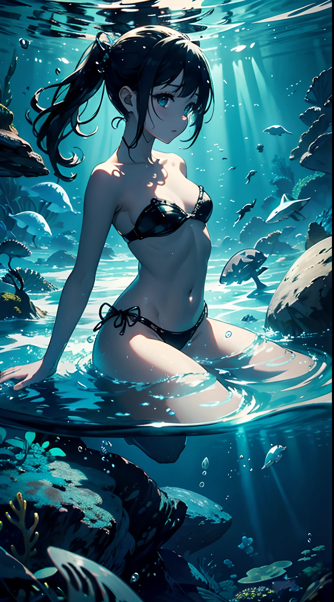 murky、bottom of the ocean、In the sea、Fantastical、Contrasty、sea surface、Bright on top、under the water、foam、A black