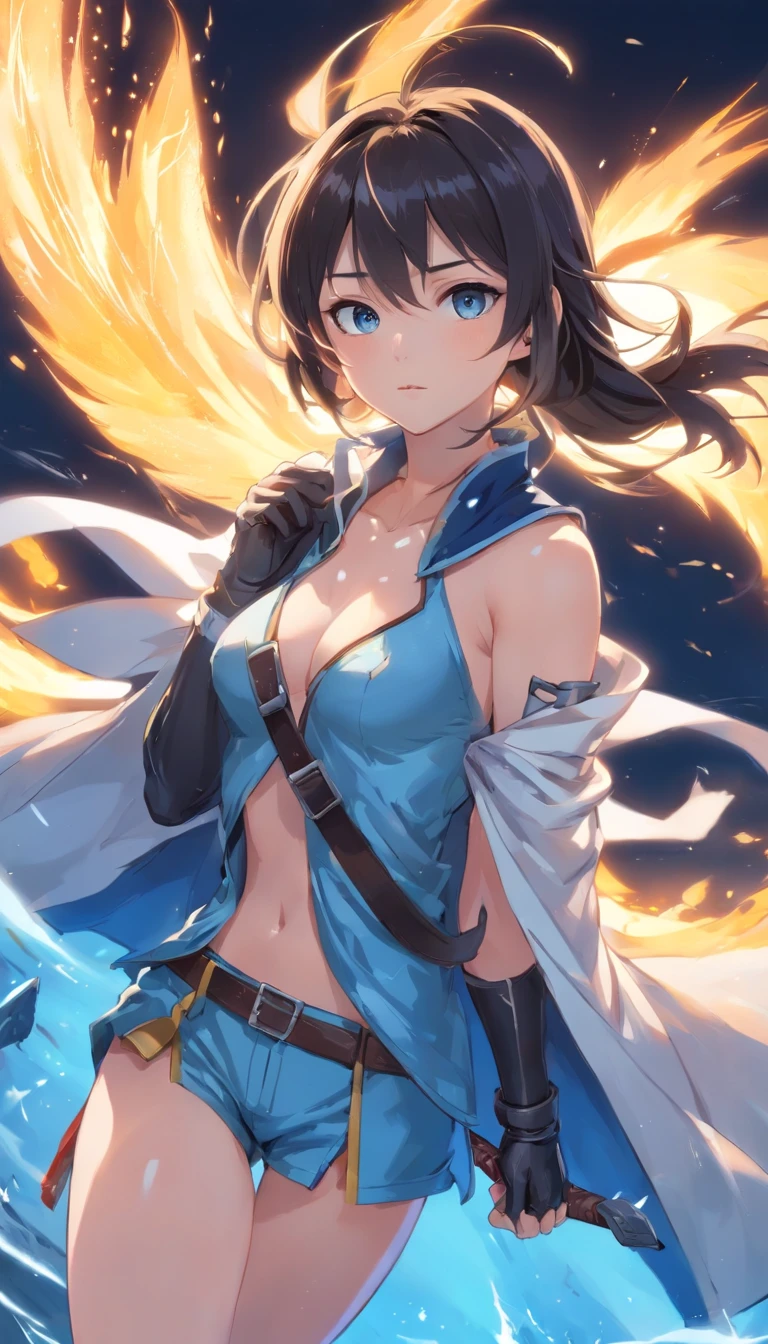 (Let me hold the spear)、spear、Pirate Hat、swim wears、Black Armor、(a blond+shorth hair)、Background countless thunderbolts、Eau、18 year old asian woman, Right eye is blue, The left eye is black, different eye colors, (Dagger in left hand), Right arm gauntlet, The gauntlet has the power of the wind, blue cloak, Blue muffler, White shirt under blue cloak, white short pants, thighs thighs thighs thighs, Pommel boots, Light clothing with an emphasis on speed、 (A dark-haired), shinny hair, Pupil mismatch, Scleral mismatch, chromatic abberation, negative space, Tachie, 85 mm, canon, nffsw, masterpiece, tre anatomically correct, Skin Texture, super detailing, high détails, hightquality, awardwinning, top-quality, hight resolution, 8K, hard disk, Black hair, Twin-tailed, surrealism, Tachi-e, negative space, from behind, nffsw, masutepiece, Anatomically correct, Textured skin, Super Detail, high details, awardwinning, Best Quality, 16 K