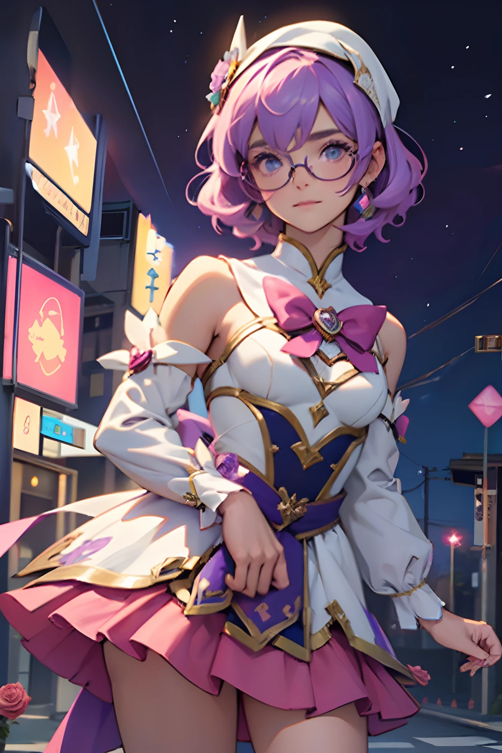 A magical young girl with short, curly hair, cabelos de cor roxa com mechas rosa pastel, Wearing a magical starkeeper style outfit with roses, roupas brancas e roxas com tema de bobo feminino, roxa e dourada, em uma escola japonesa a noite, Lovely young man, Bonito, perfect hands, rosto detalhado, rosto perfeito, Hands Held, detailed hands, tedência artstation, corpo esguio, jovem Bonito com asas de cupido, no mutante fingers, Roupas codificadas Jester, Tema bobo, uma escola ao fundo, girl wearing round glasses