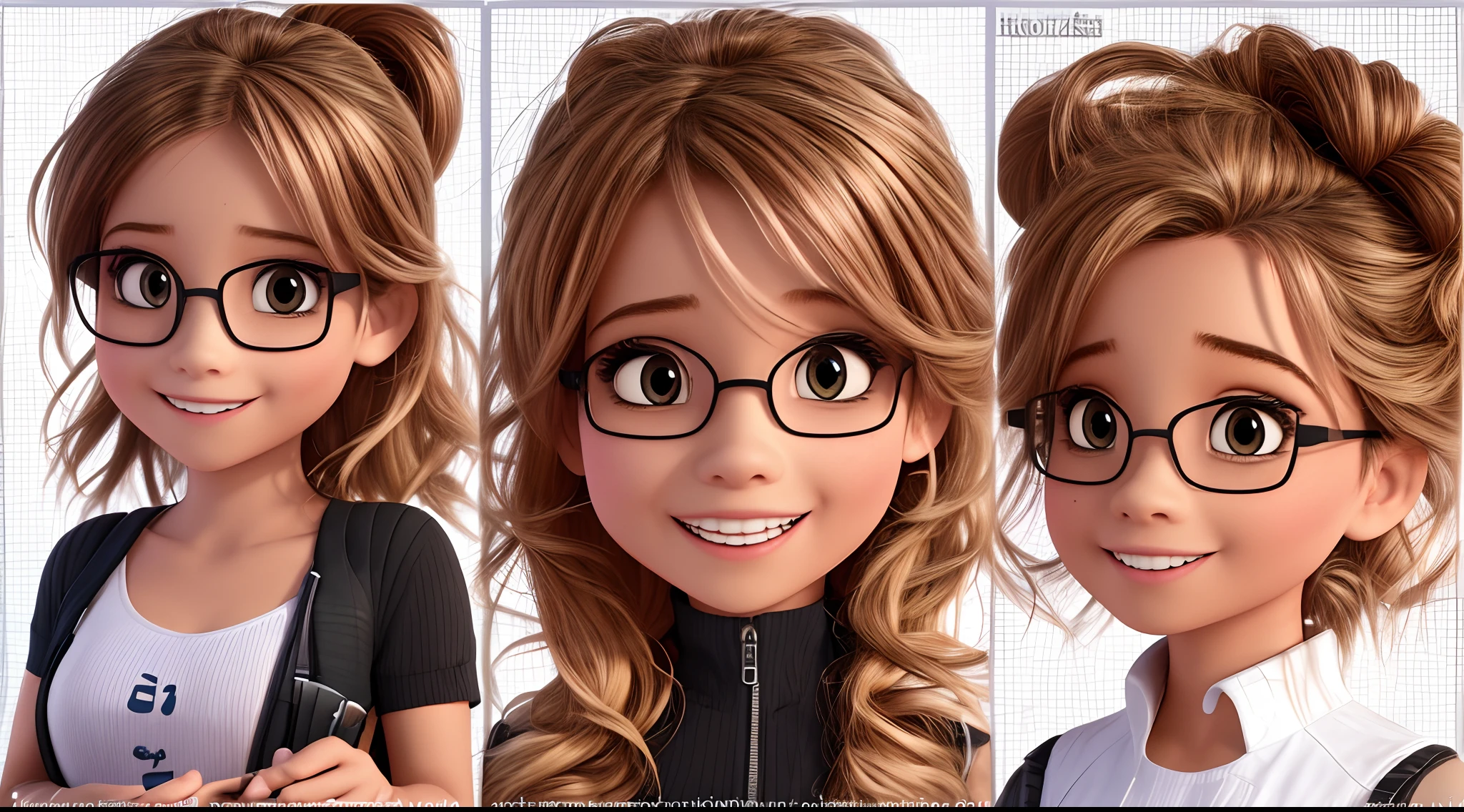 Create an animated image of an adorable 3D avatar of a reporter wearing black glasses, posicionado no meio da tela, com fundo branco, various positions, holding a microphone with a mischievous look and an expression of one who is sharing an animated gossip, personagem 3d cute, personagem 3d cabelos curtos, olhos arredondados, franjinha, nerd fofoqueiro