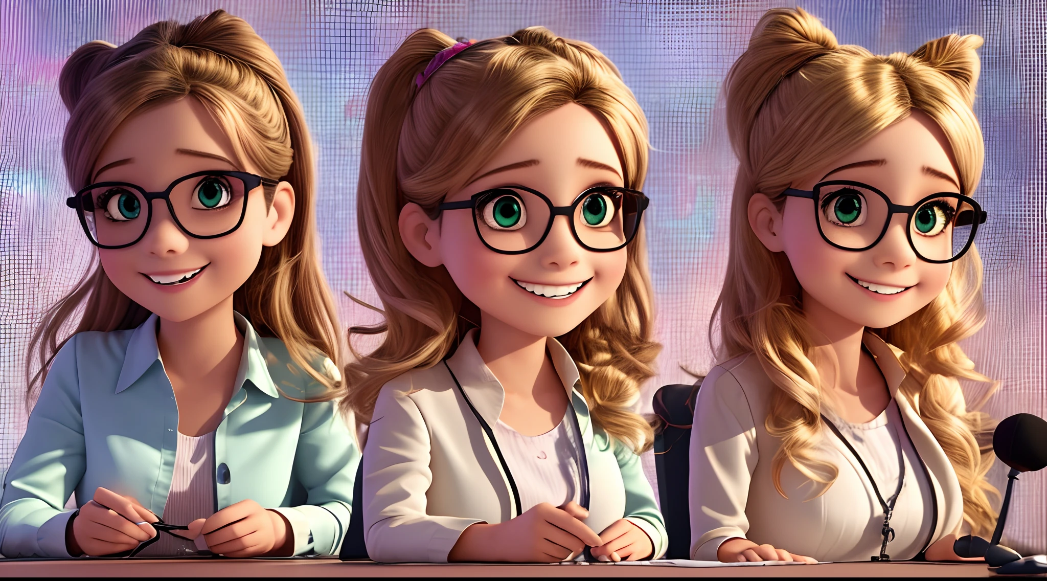 Create an animated image of an adorable 3D avatar of a reporter wearing black glasses, posicionado no meio da tela, com fundo branco, various positions, holding a microphone with a mischievous look and an expression of one who is sharing an animated gossip, personagem 3d cute, personagem 3d cabelos curtos, olhos arredondados, franjinha, nerd fofoqueiro